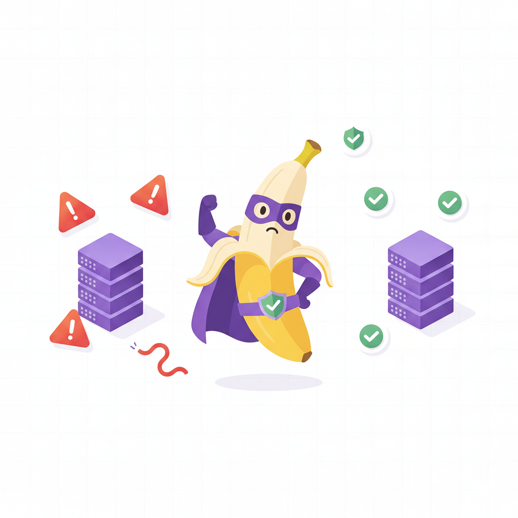 Managed vs Unmanaged Hosting comparison: organized server with green checkmarks versus chaotic server with warning icons