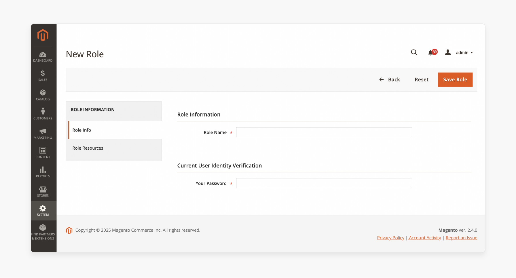 Role Info tab in Magento settings