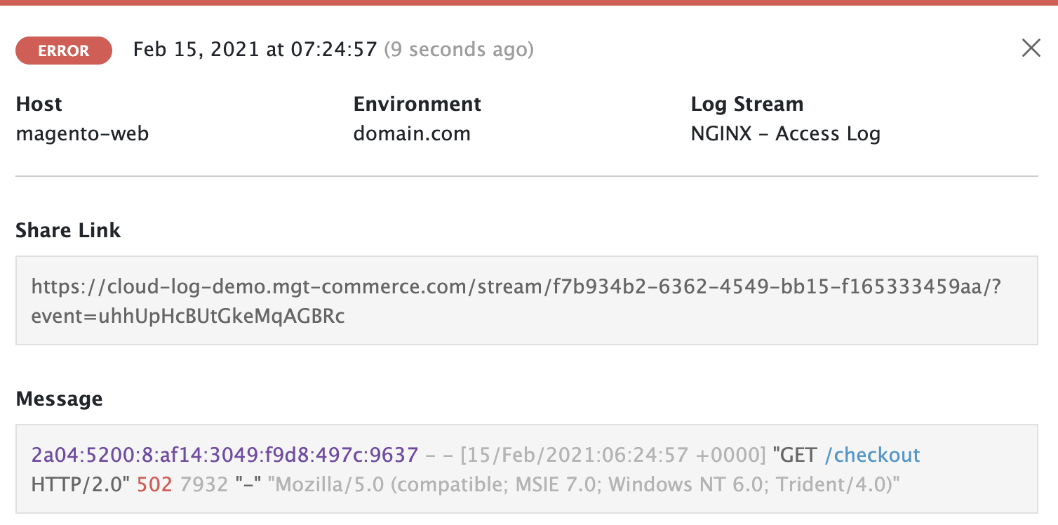 cloud log message view with shareable log links for collaborative troubleshooting