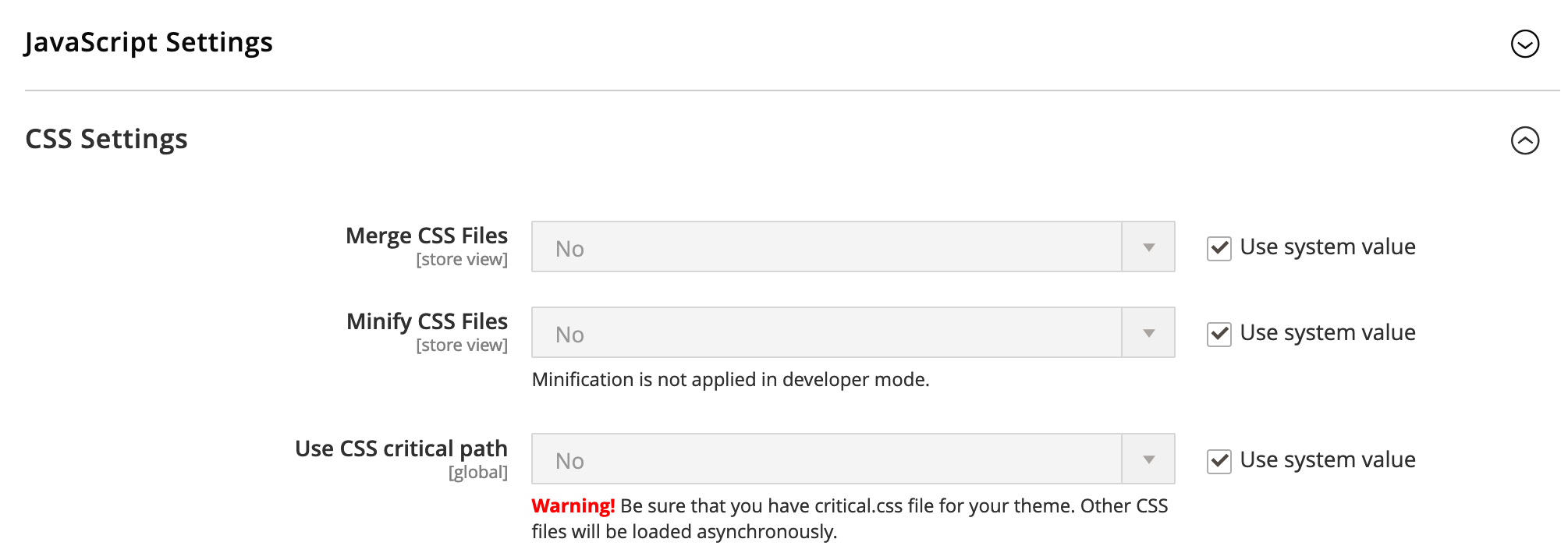 css settings in magento for file merging and minification