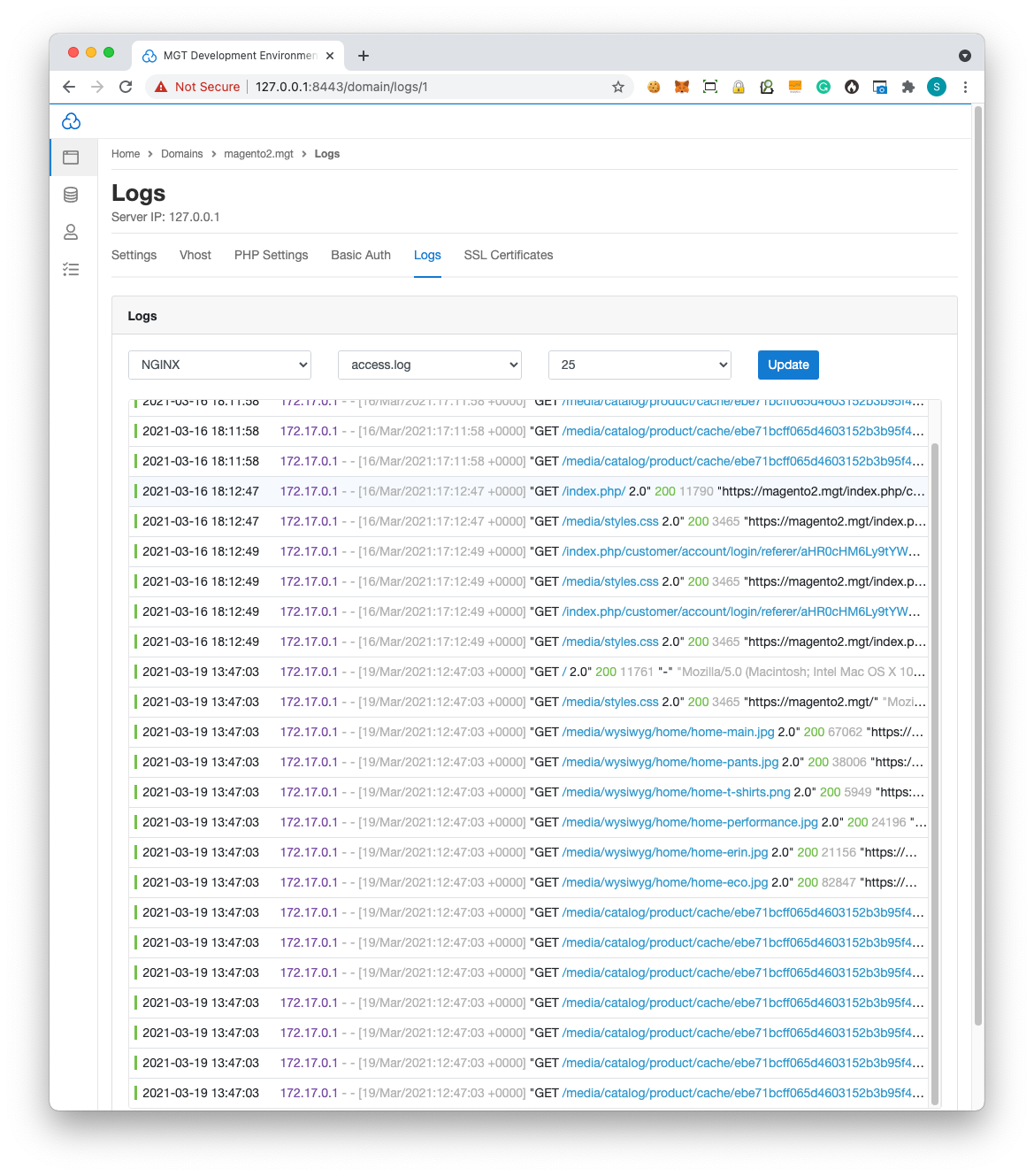  NGINX Access. Error Logs. PHP Error Logs - View Logs on MGT Development Environment Dashboard