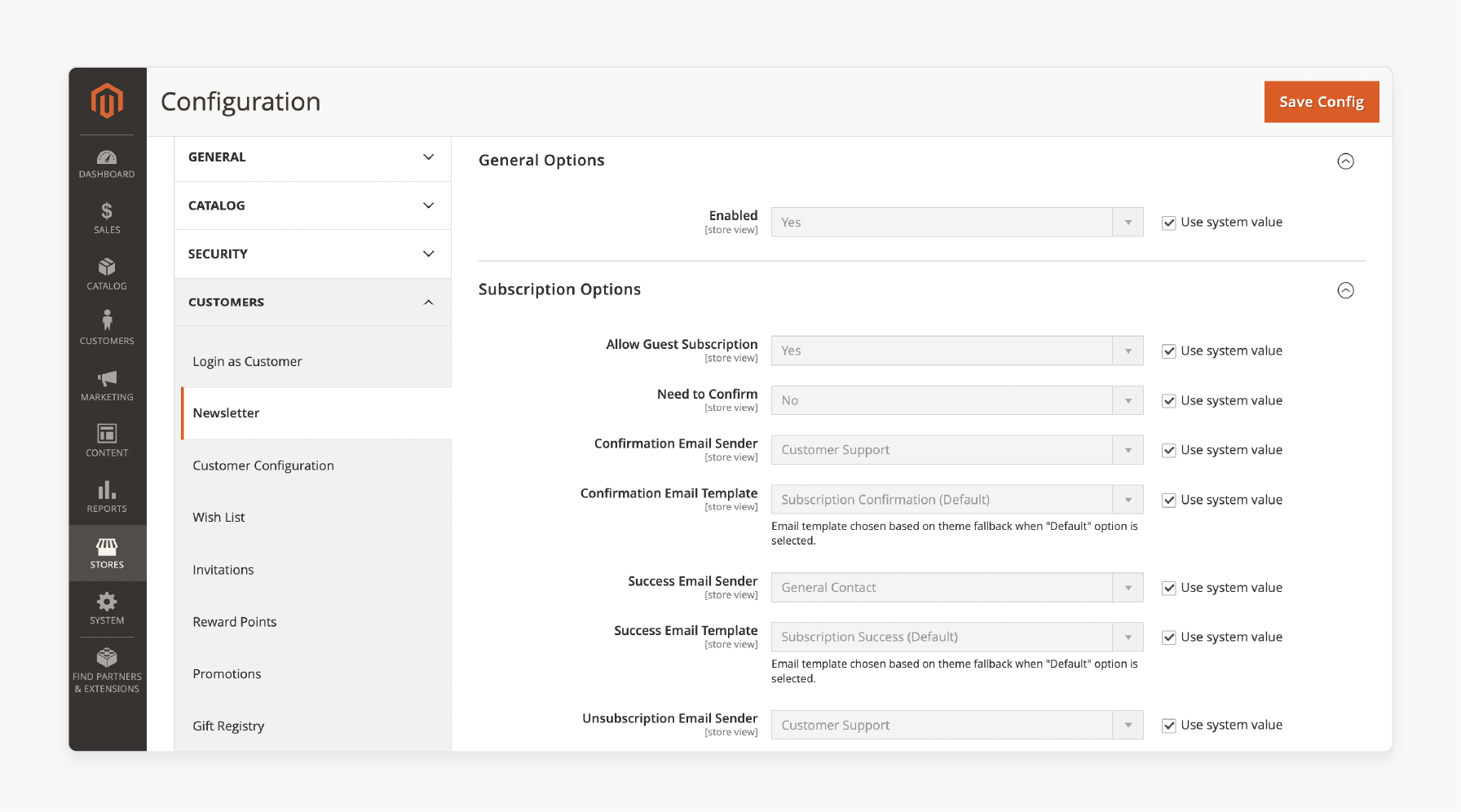 marketing and newsletter email configuration for promotional campaigns in magento stores