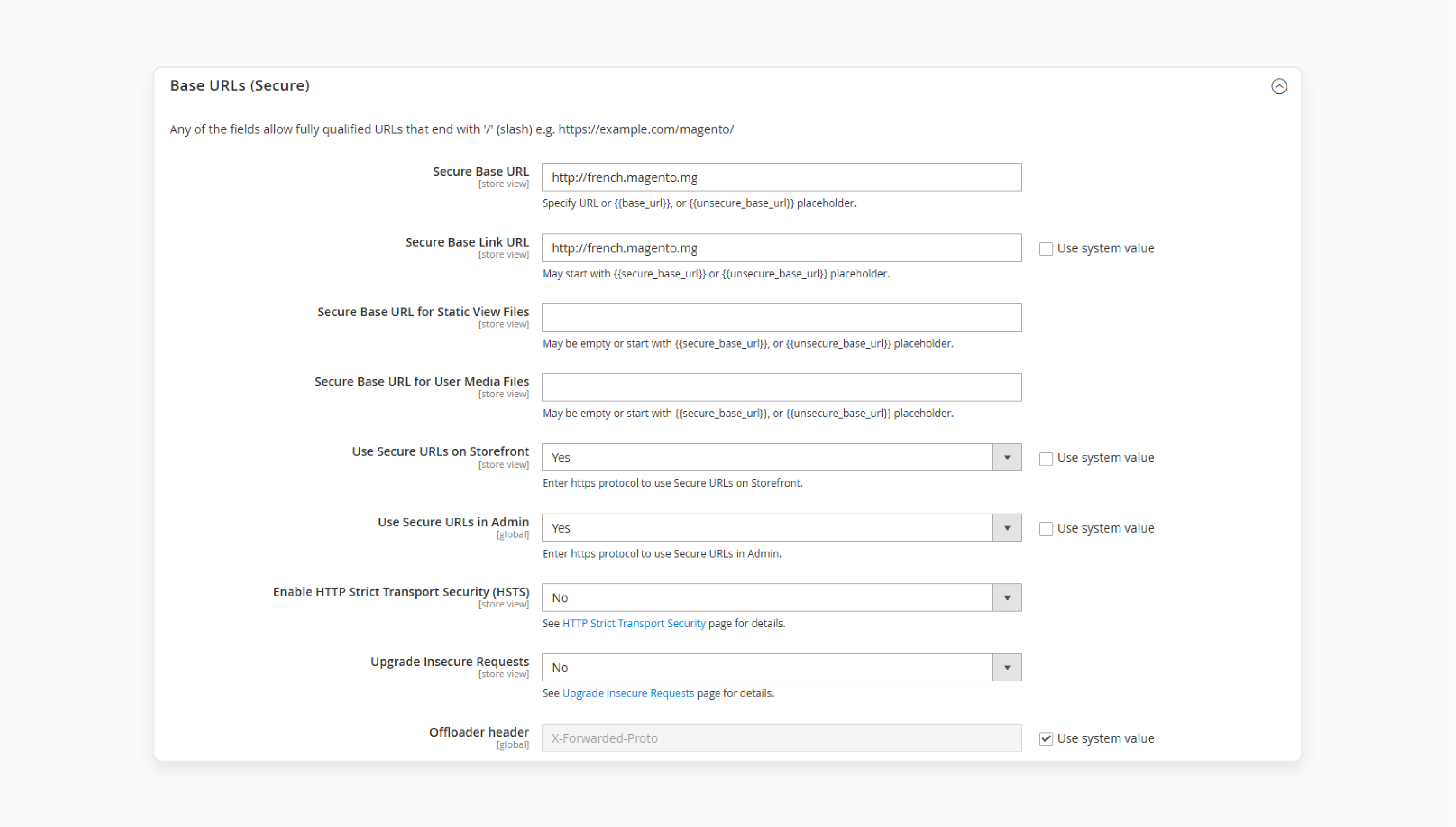 secure base url fields for configuring https in magento multistore setup