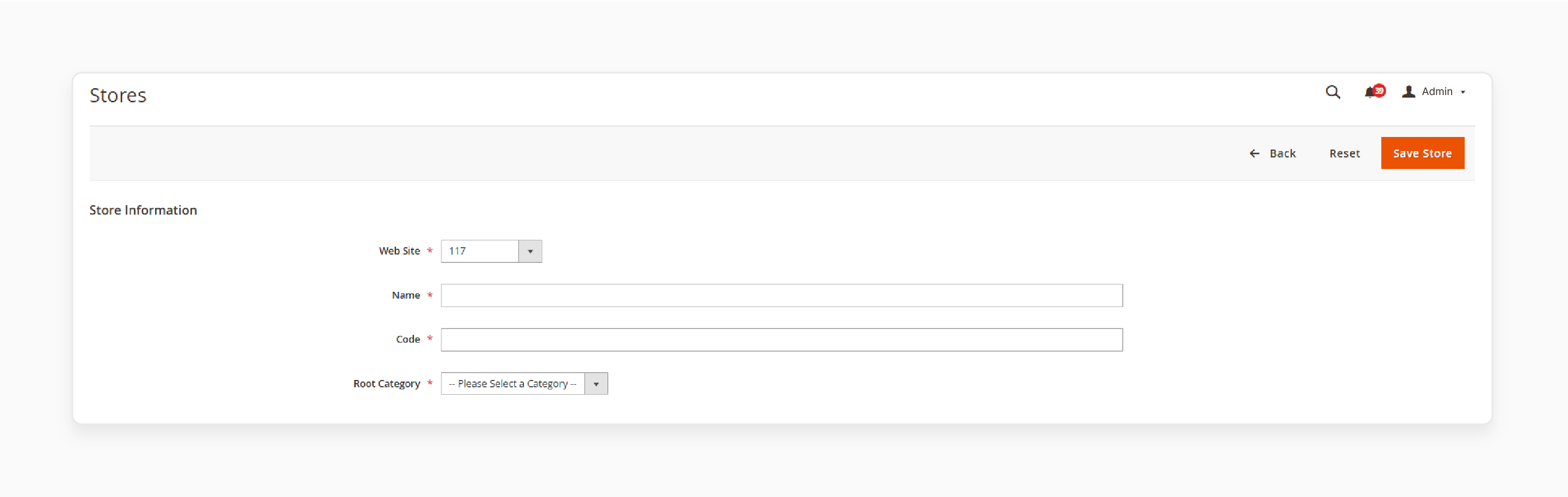 configuration fields for assigning website, name, code, and root category for a magento store
