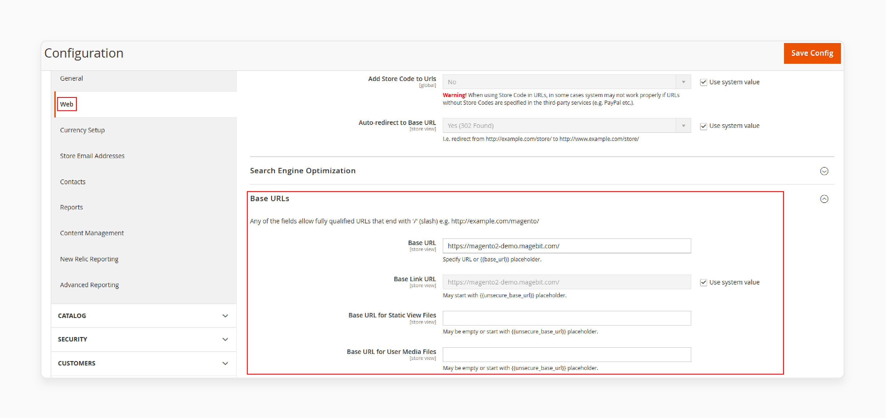 magento configuration settings to update base URL for a specific website