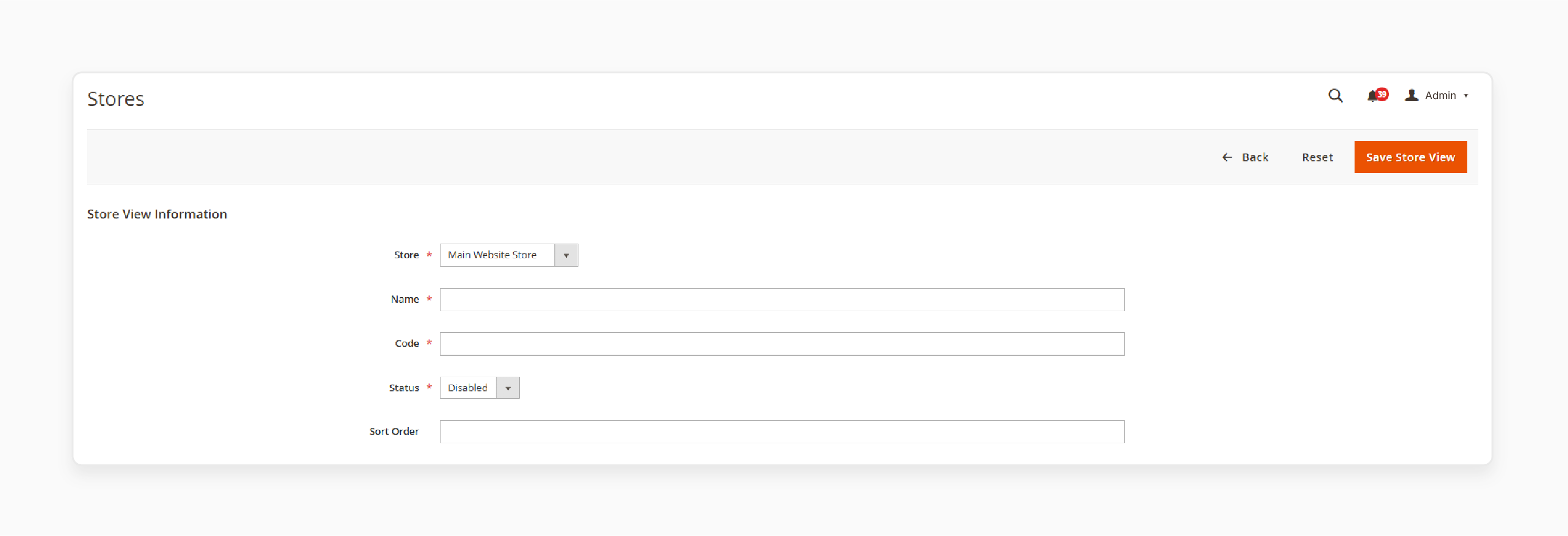store view creation screen for magento 2 showing store, name, code, and status fields
