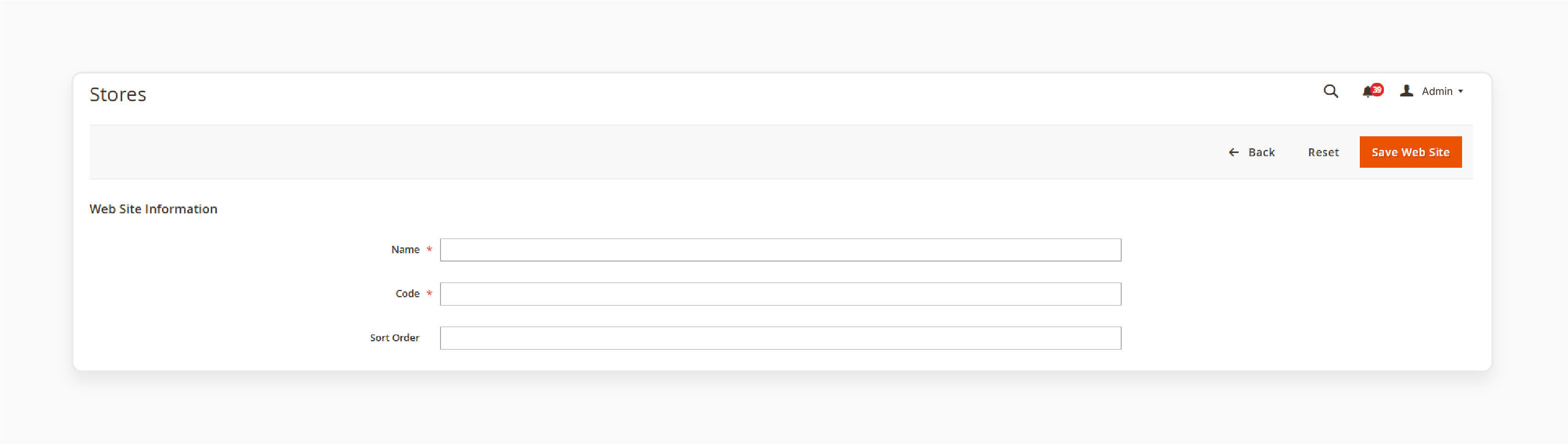 magento admin form for entering website name, unique code, and sort order