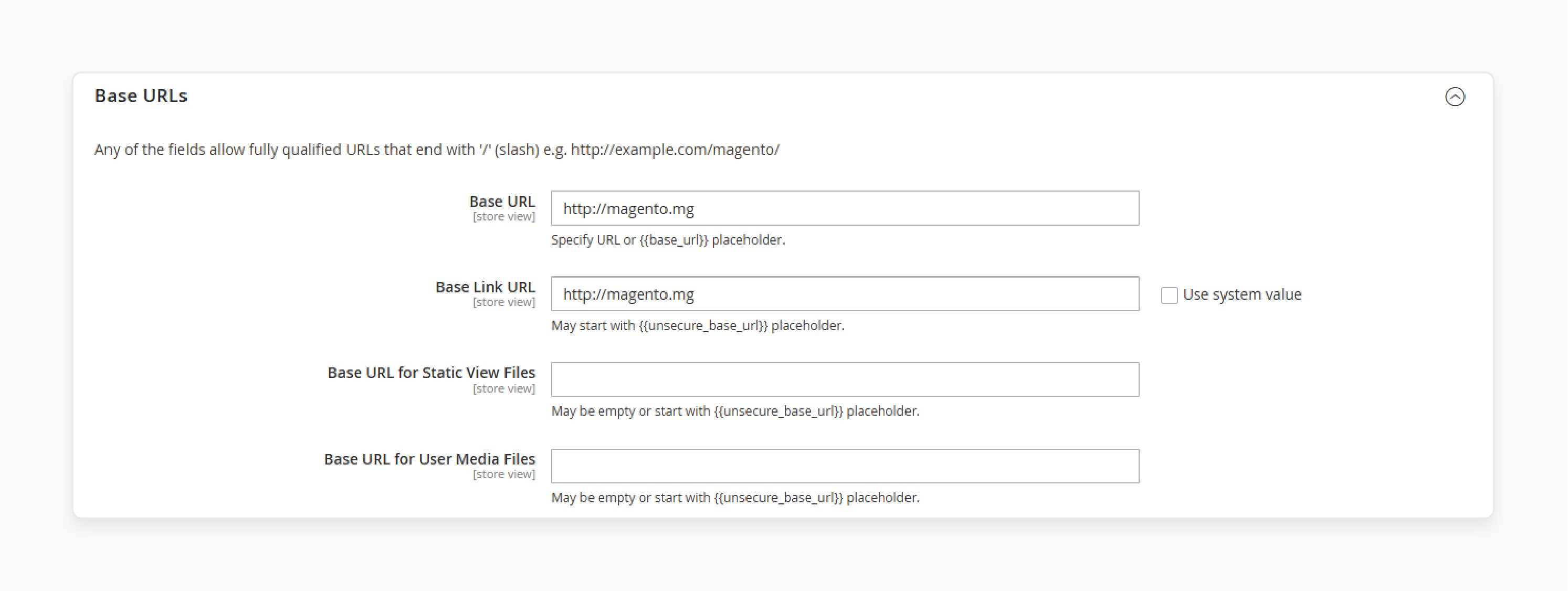 magento 2 base url configuration screen for default store view showing http settings for multistore setup