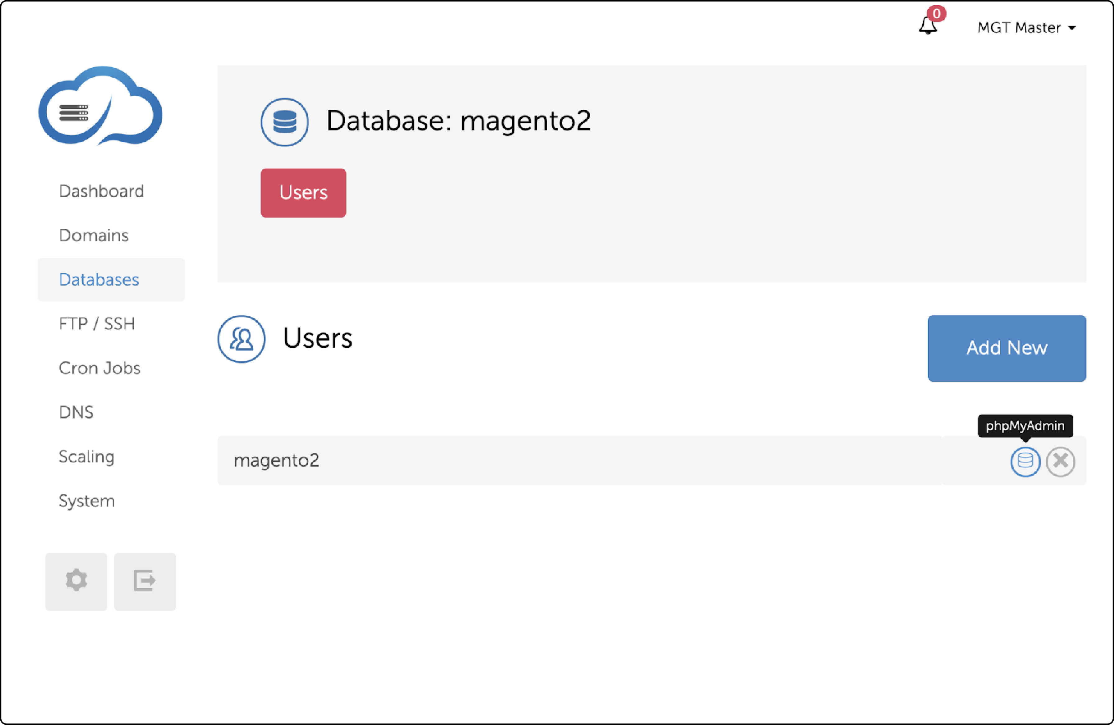 MGT Control Panel interface showing steps for Magento 2 backup via FTP