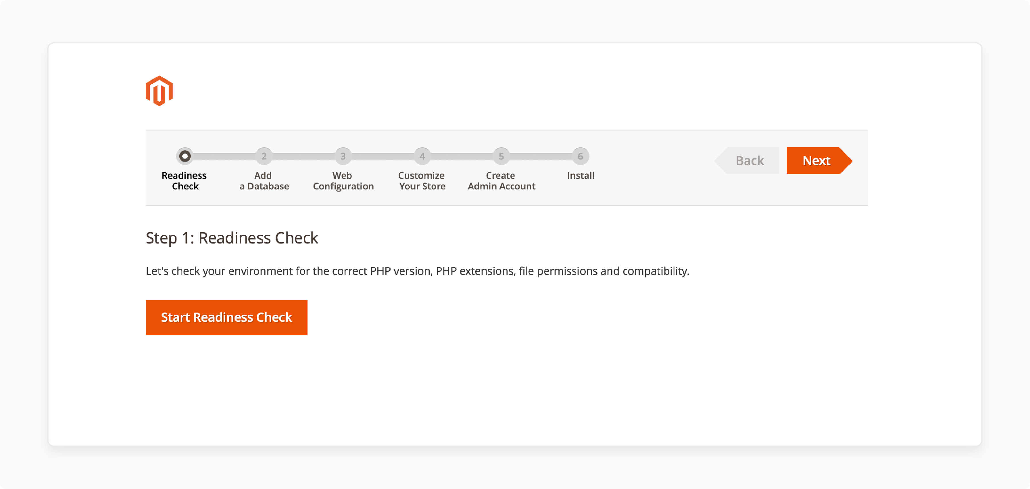 Magento store admin setup screen