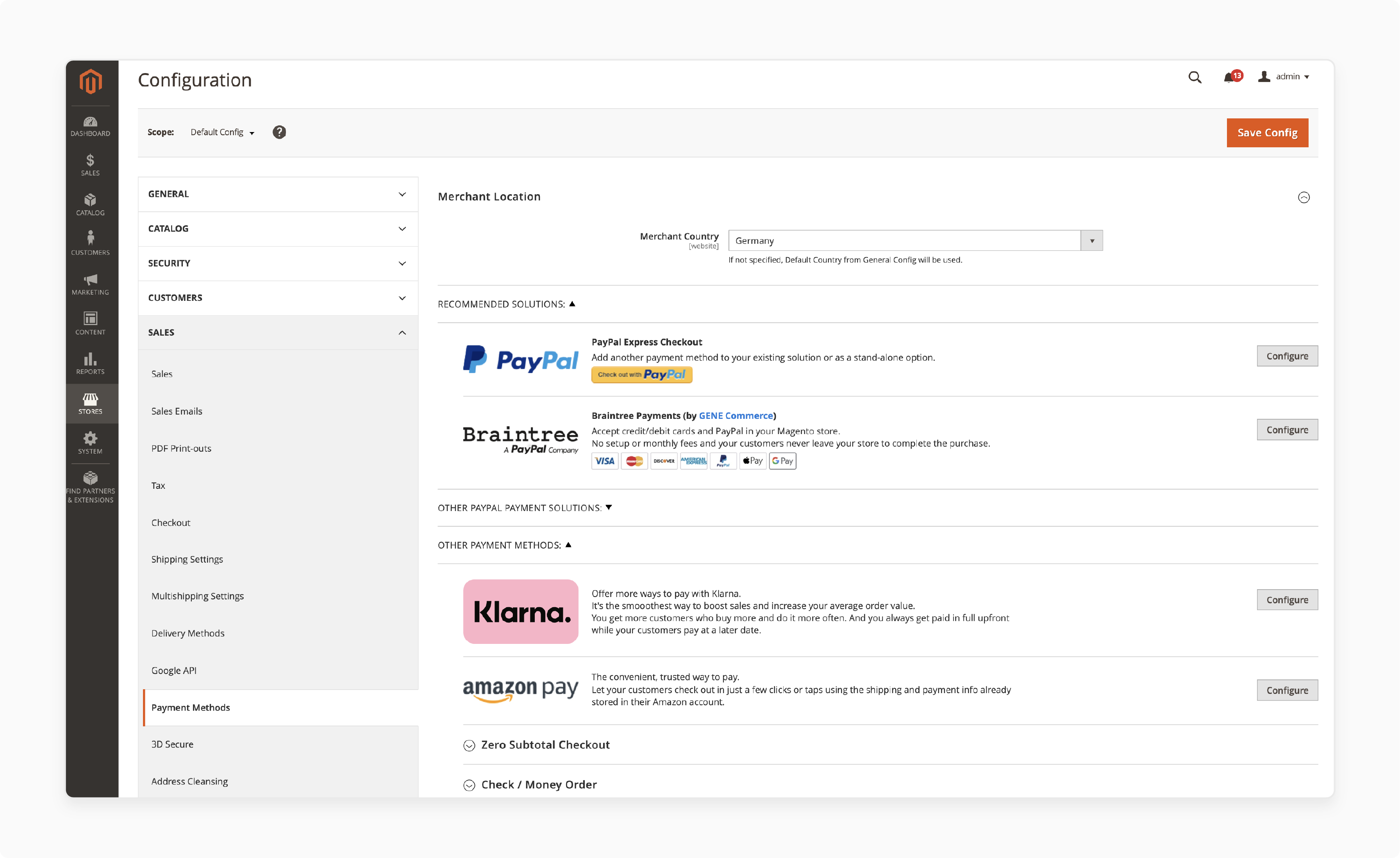 Payment settings in Magento dashboard