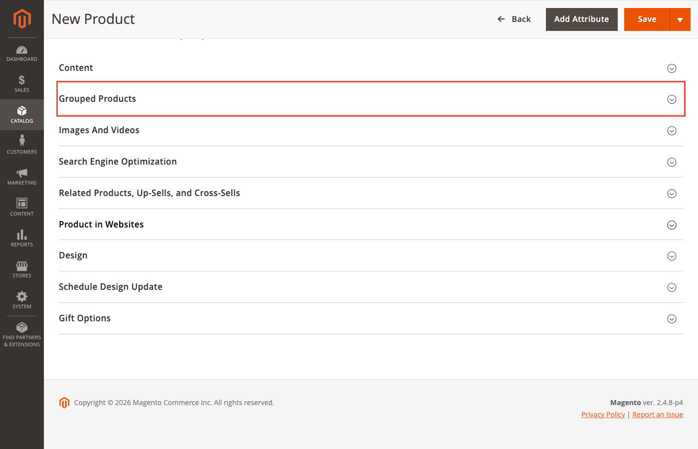 Magento Admin: Grouped Product edit page with Grouped Products section