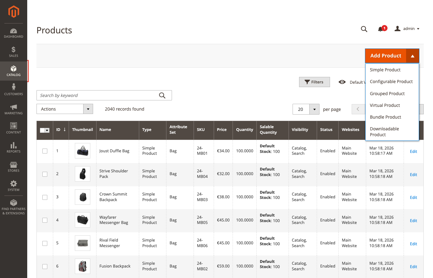 Magento Admin: Product Type dropdown showing Grouped and Bundle options