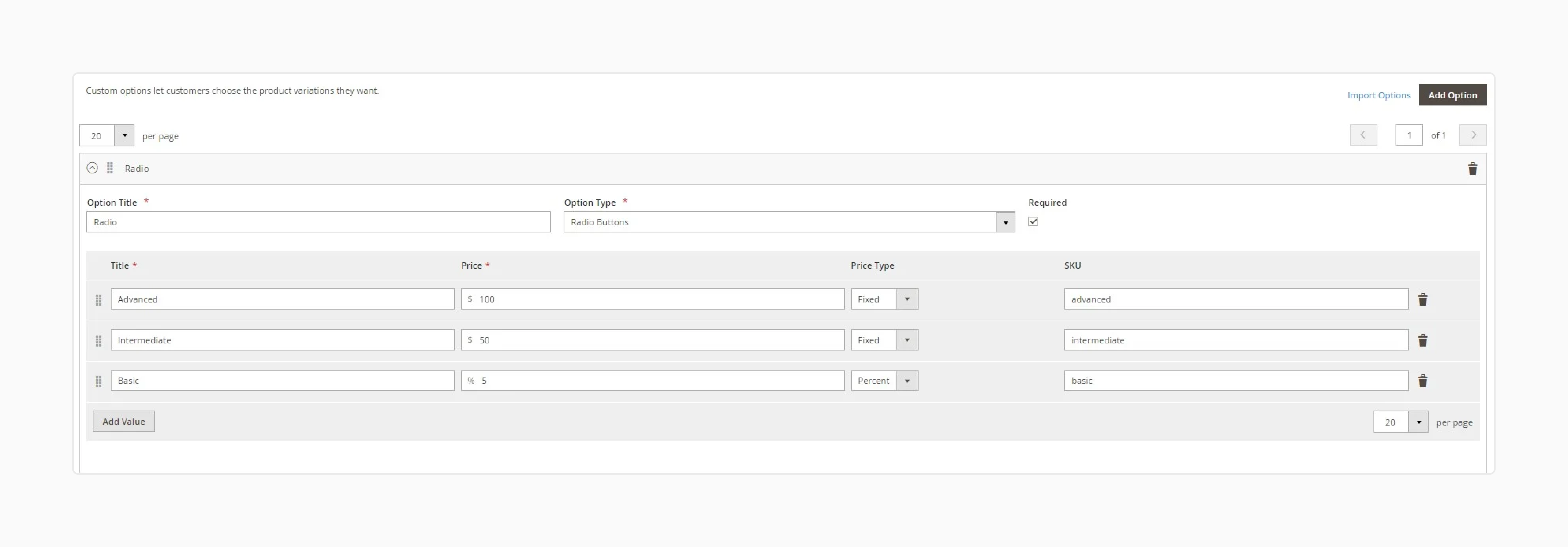 Configure Option Values for Select Types for New Magento Customizable Option