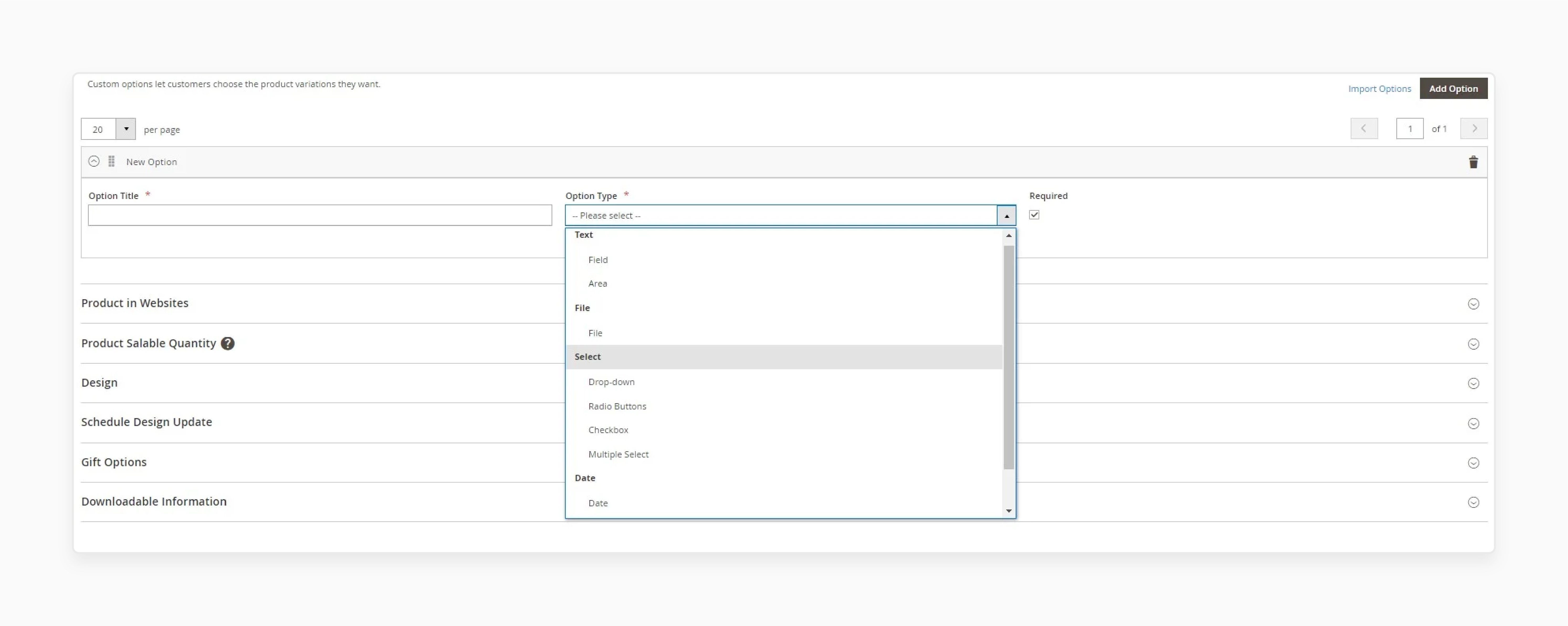 Set the Option as Required Optional for New Magento Customizable Option