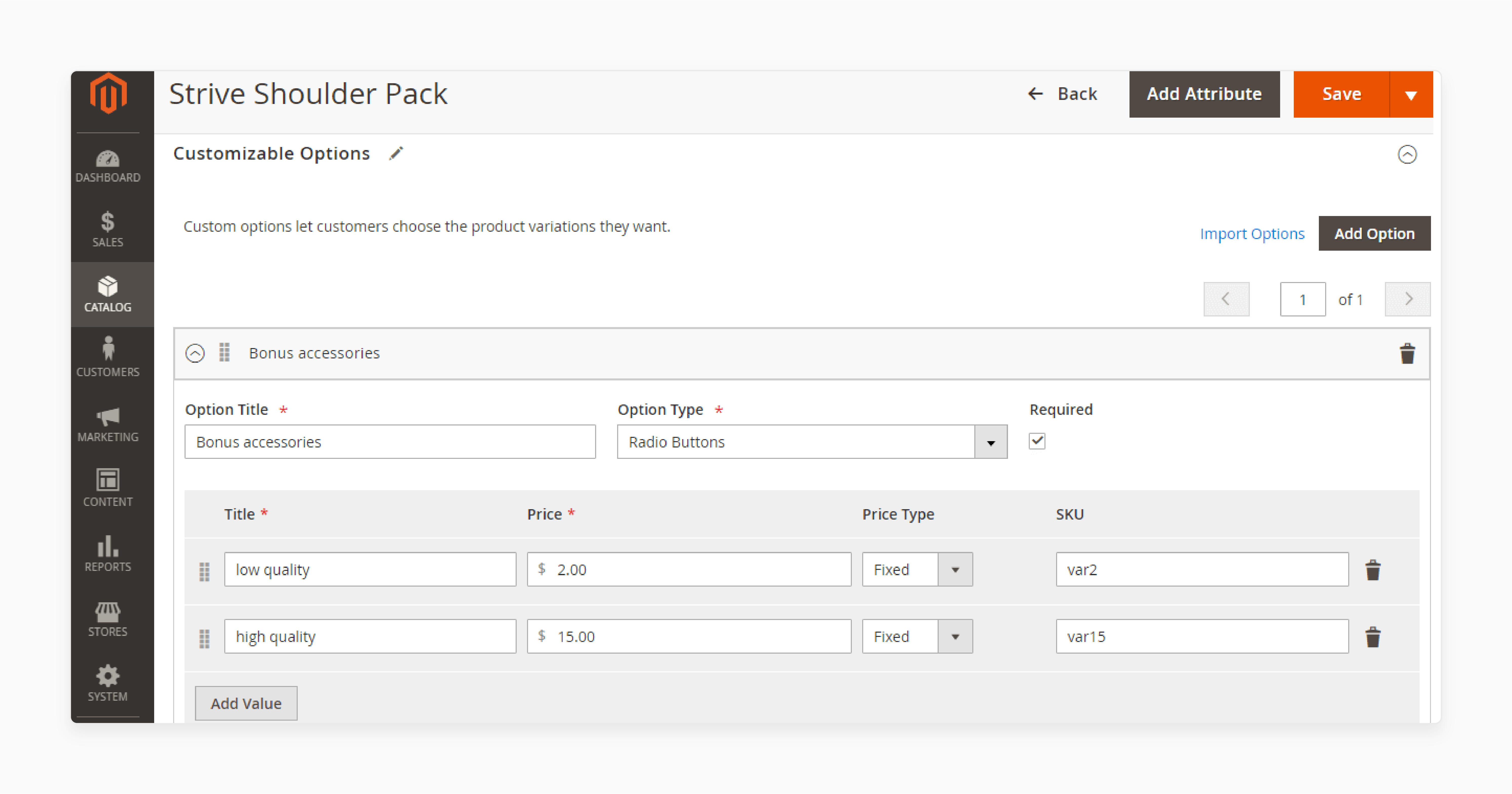 Define the Option Title and Input Type for New Magento Customizable Option