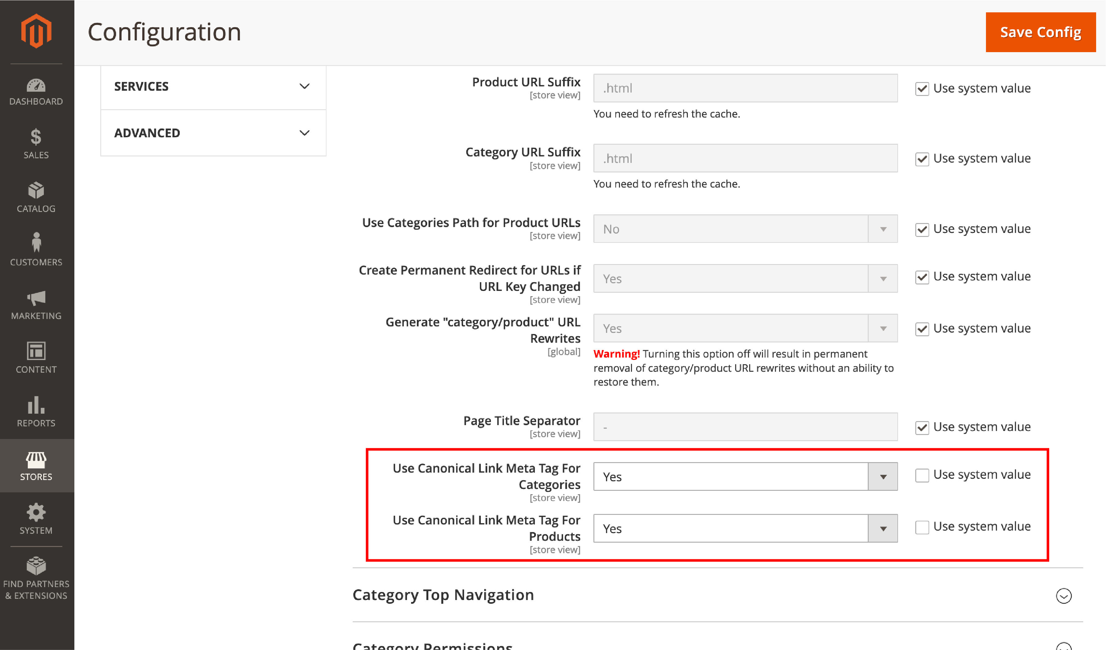 A screenshot of adding Canonical URLs in Magento 2