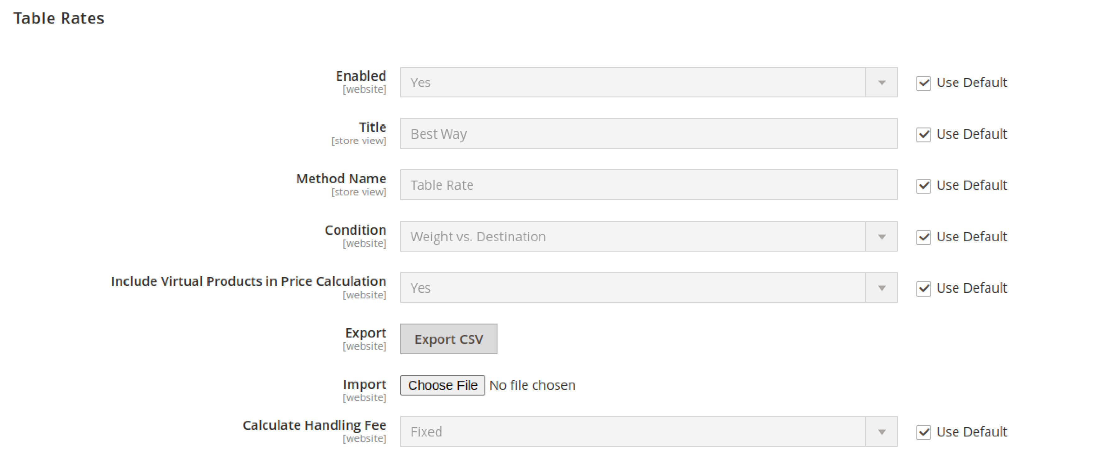 A screenshot of table rate data import settings