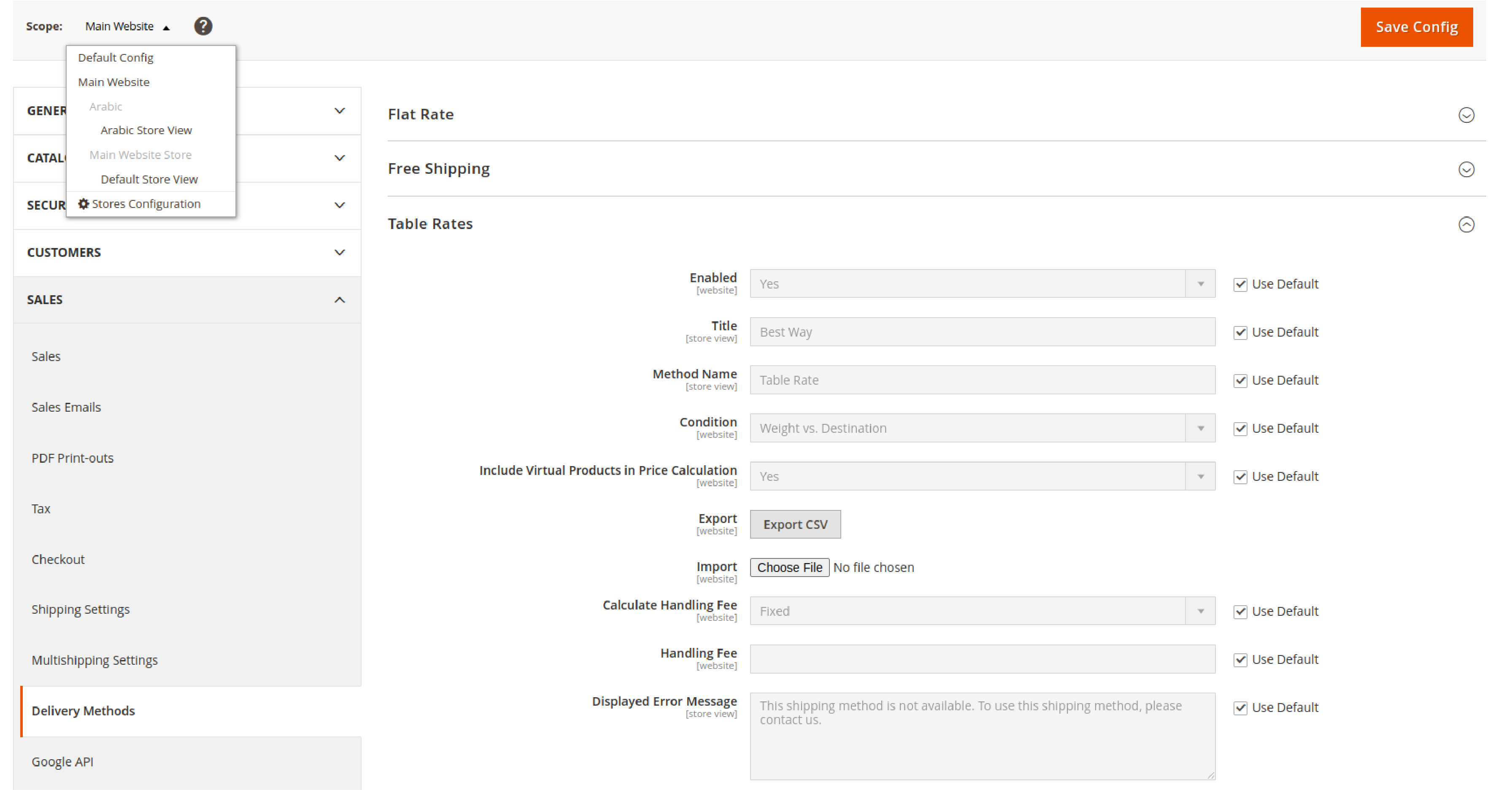 A screenshot of table rates settings in magento 2