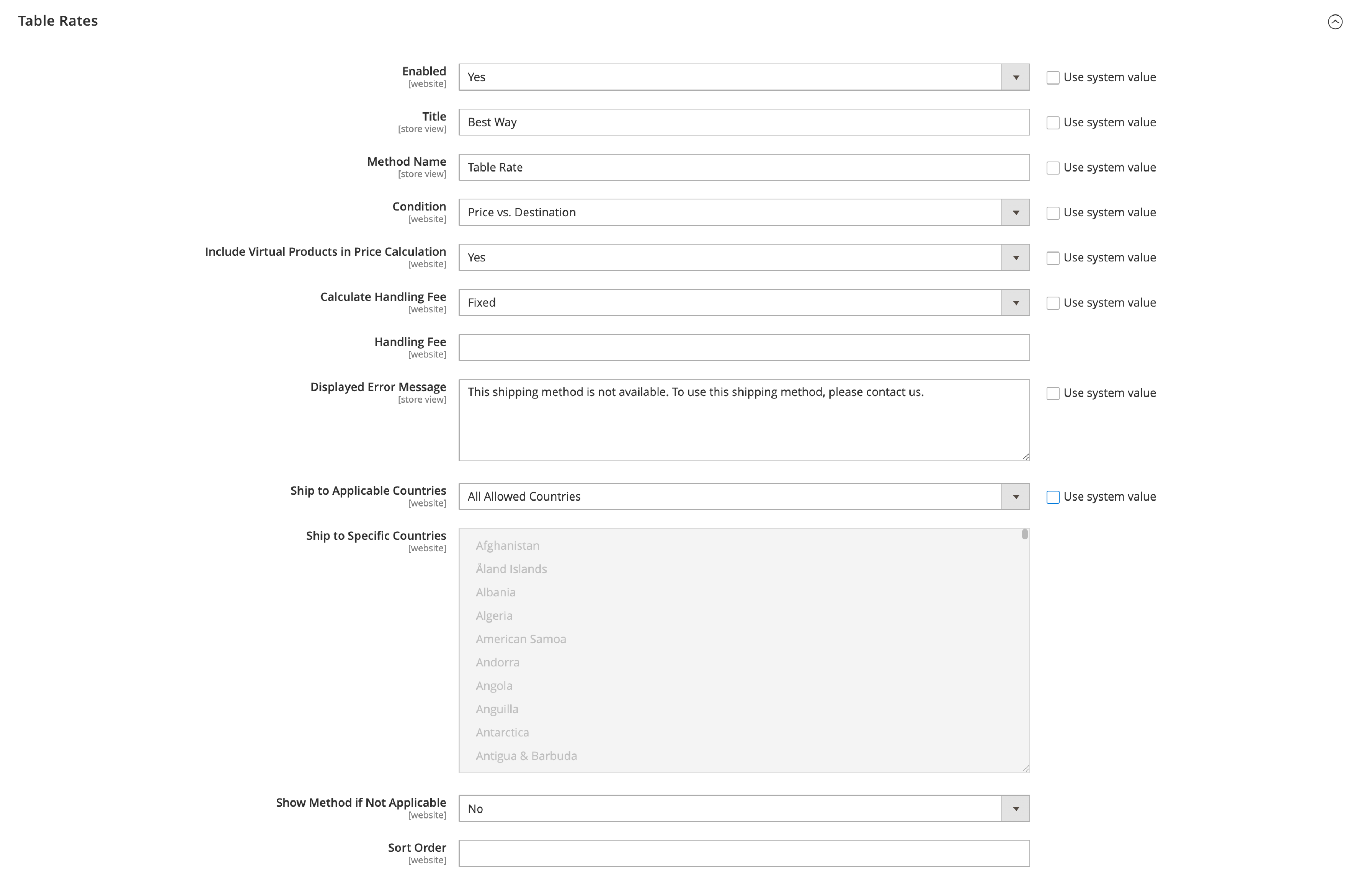 A screenshot of table rates settings in magento 2