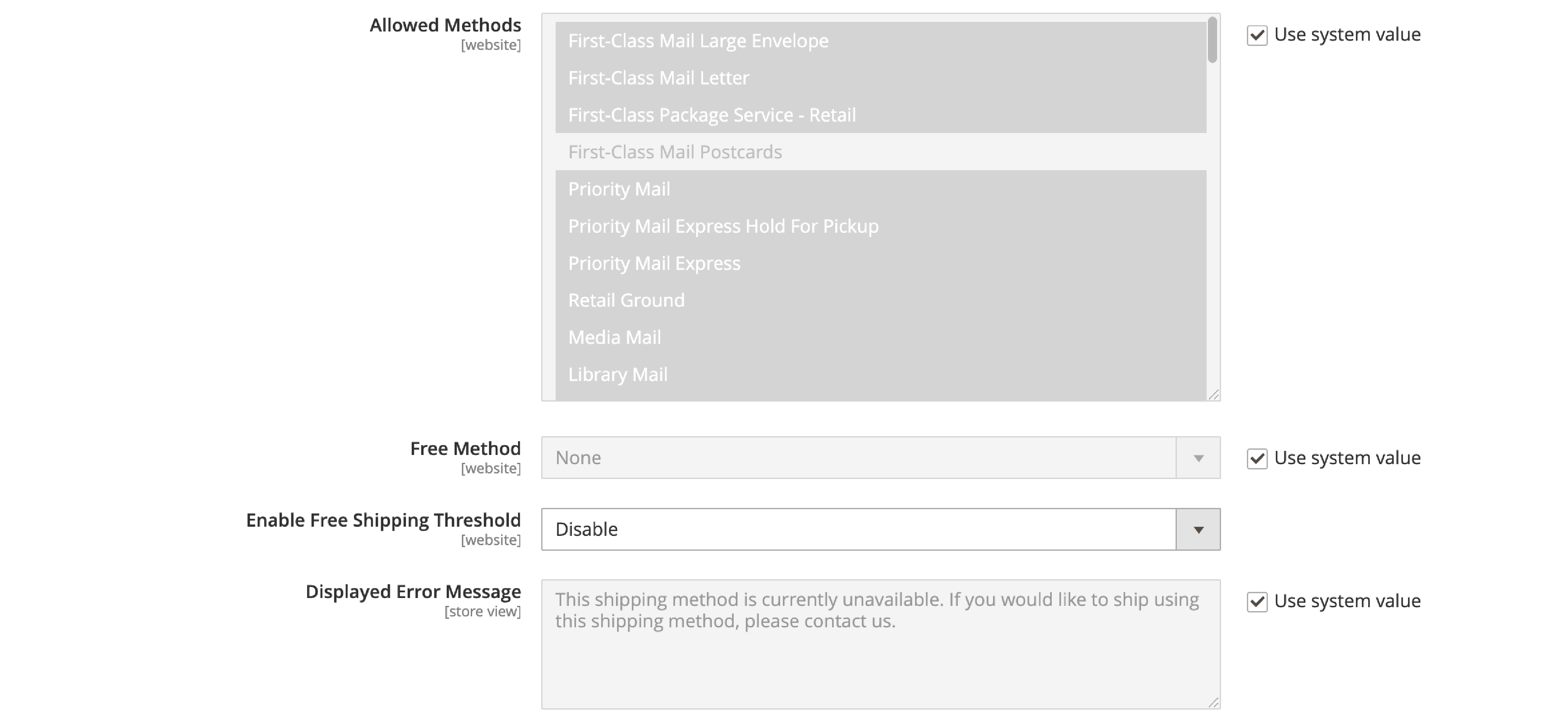 A screenshot of Setting up USPS Allowed Methods in Magento 2