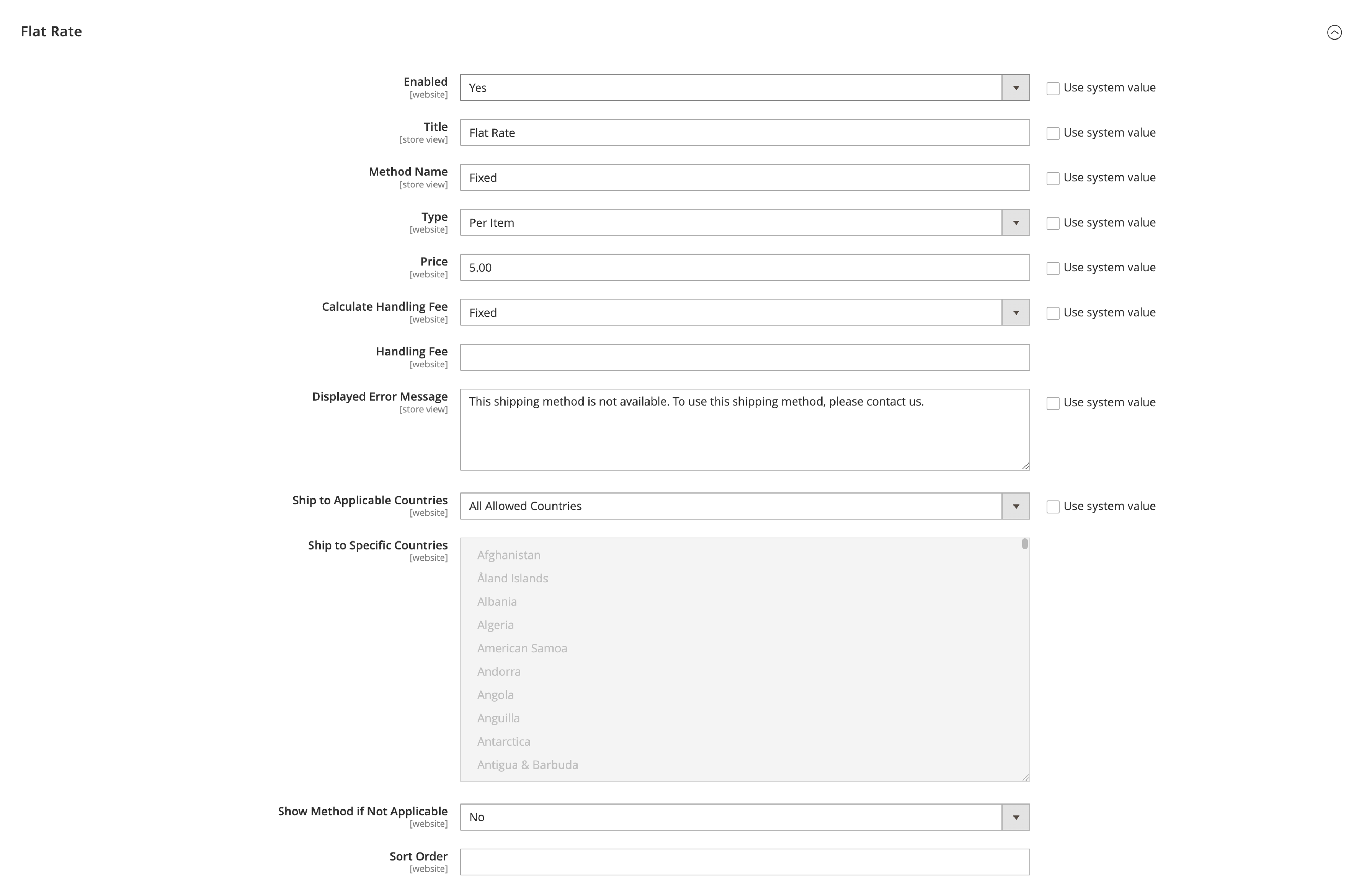 A screenshot of flat rate settings in magento 2