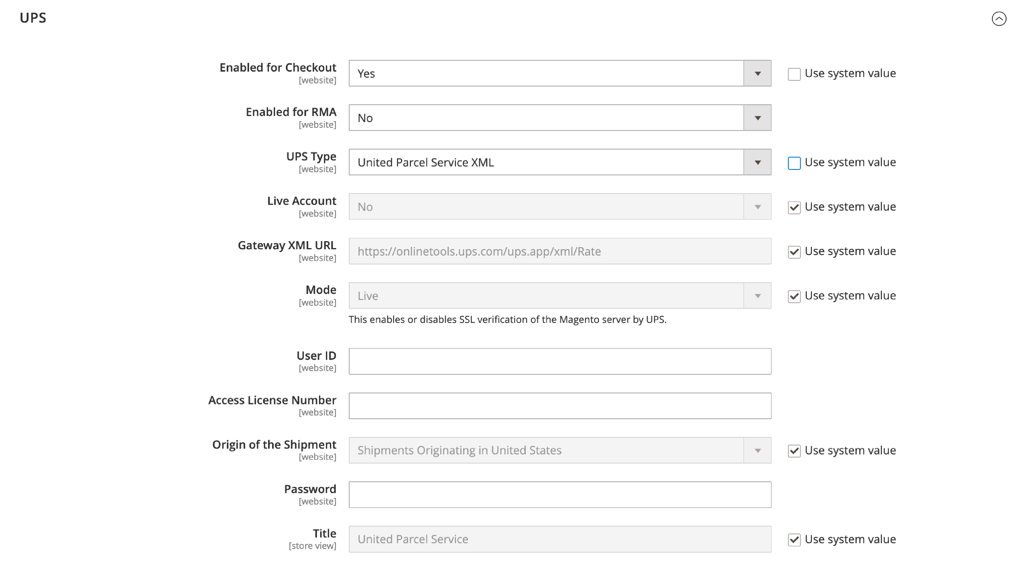 A screenshot of Setting up a UPS XML Accounts in Magento 2