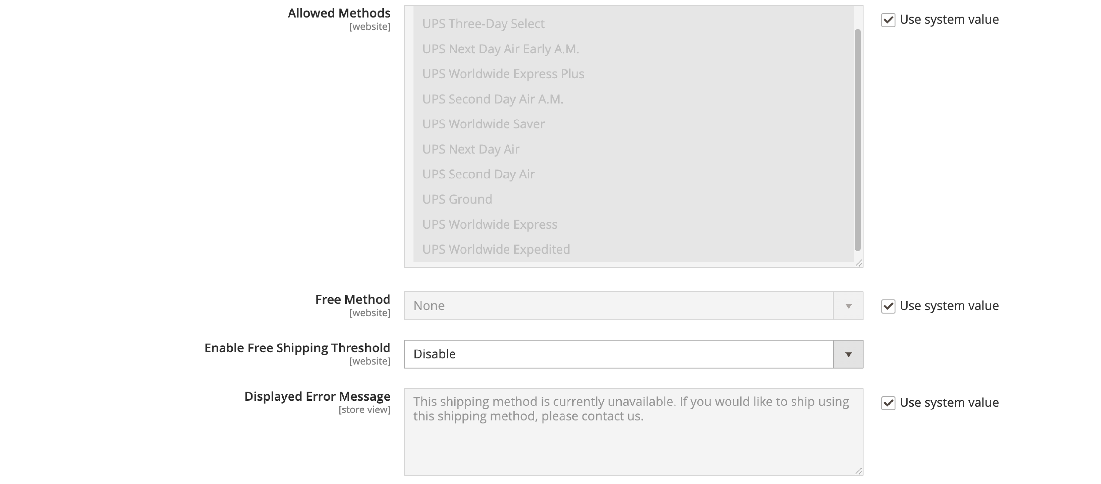 A screenshot of Setting up UPS Allowed Methods in Magento 2