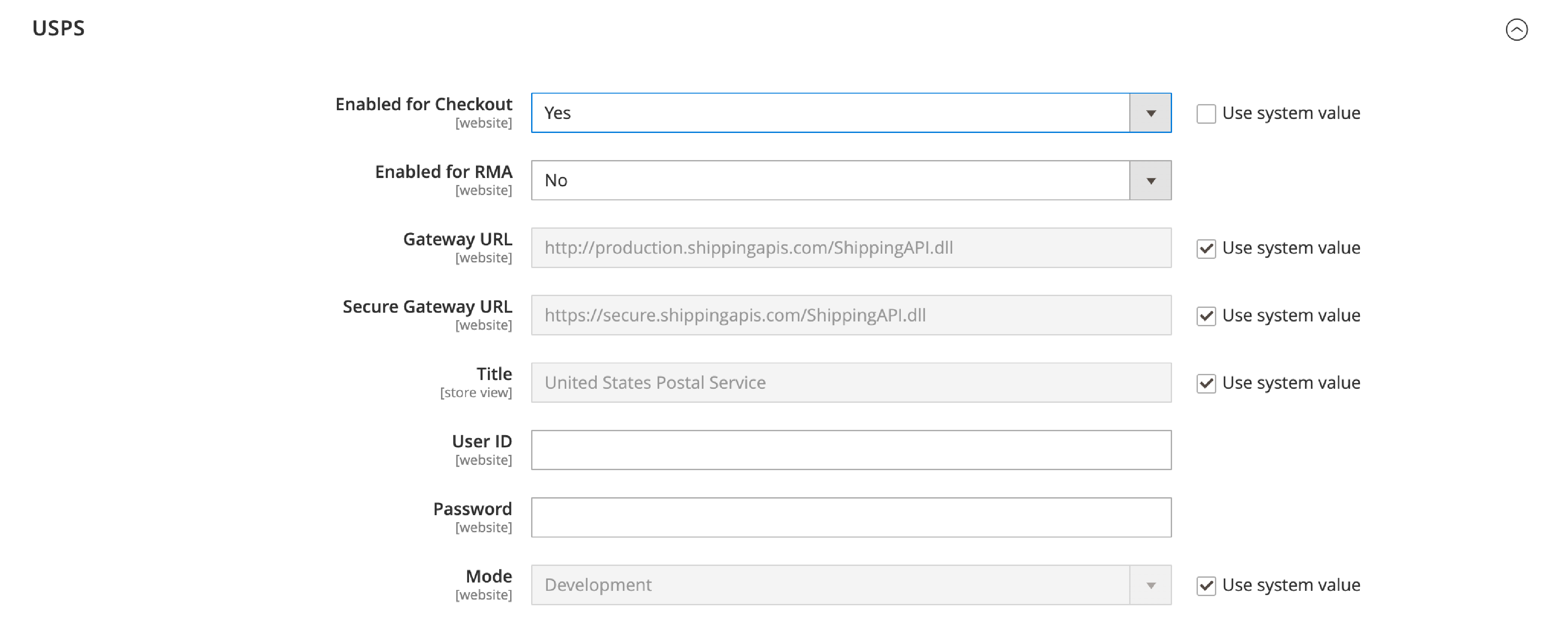 A screenshot of Setting up USPS Account in Magento 2