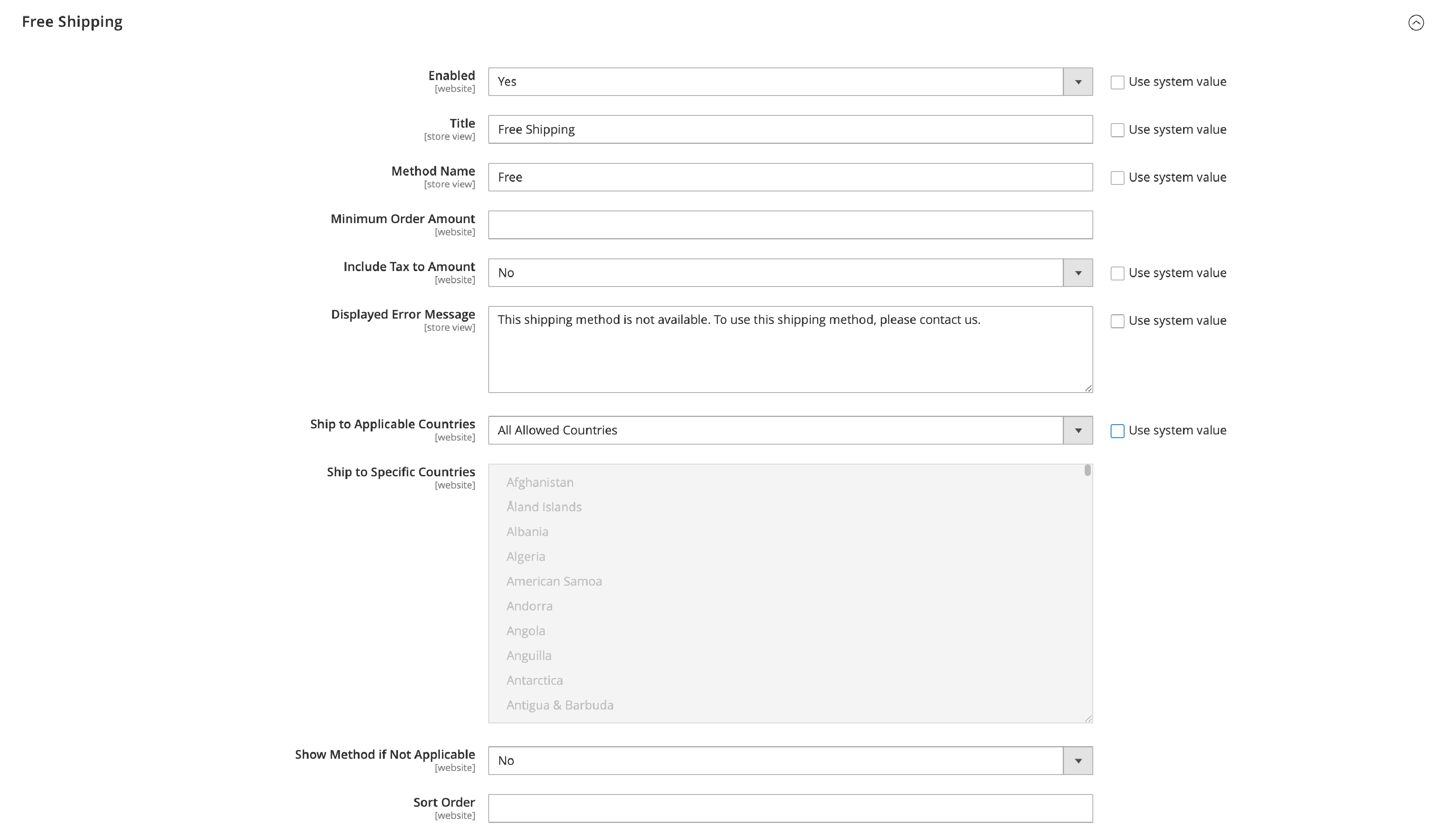 A screenshot of free shipping settings in magento 2