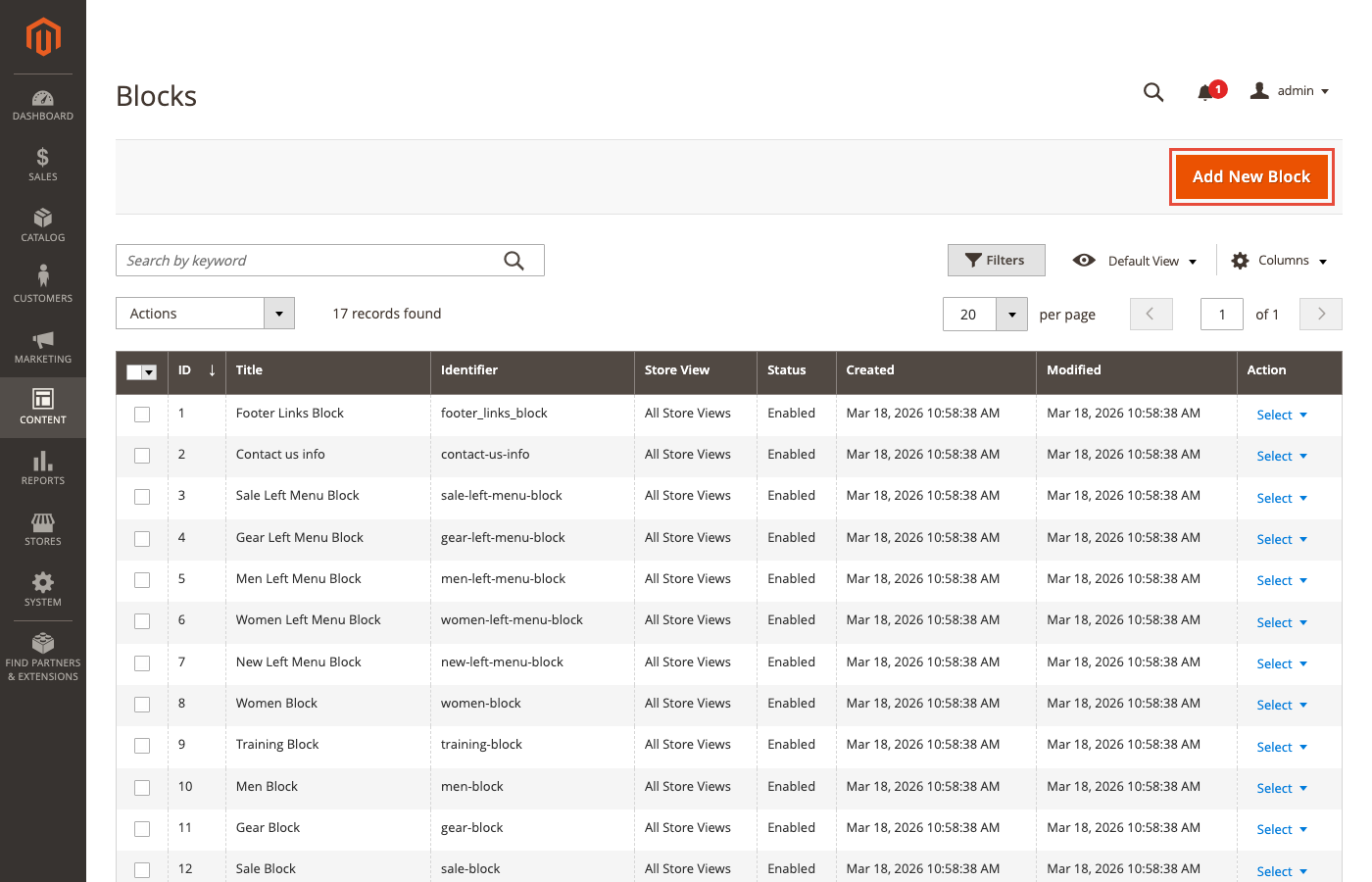 Magento Admin: CMS Blocks listing with reusable content fragments