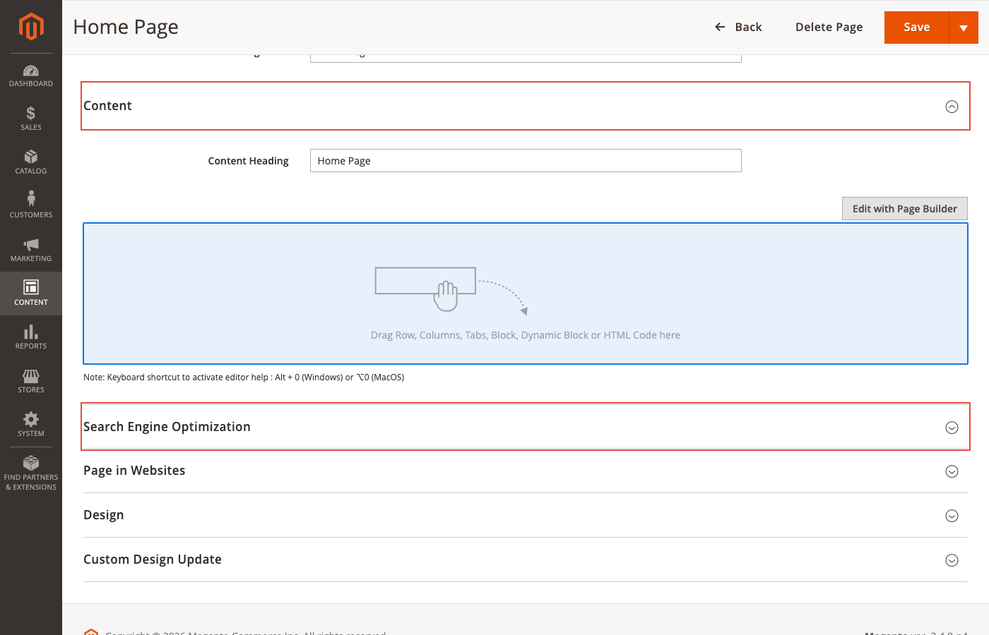 Magento Page Builder drag-and-drop editor with Content and SEO sections