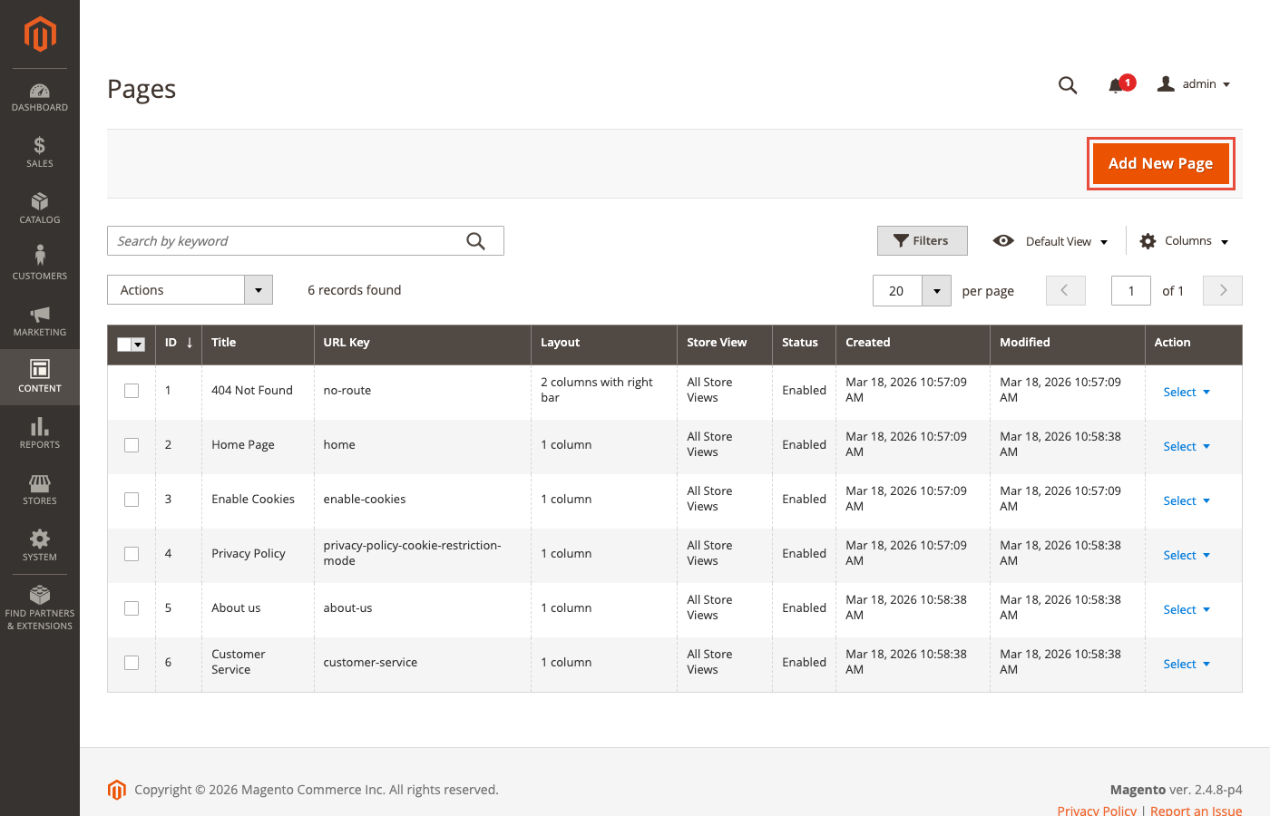Magento Admin: Content > Pages listing with default CMS pages