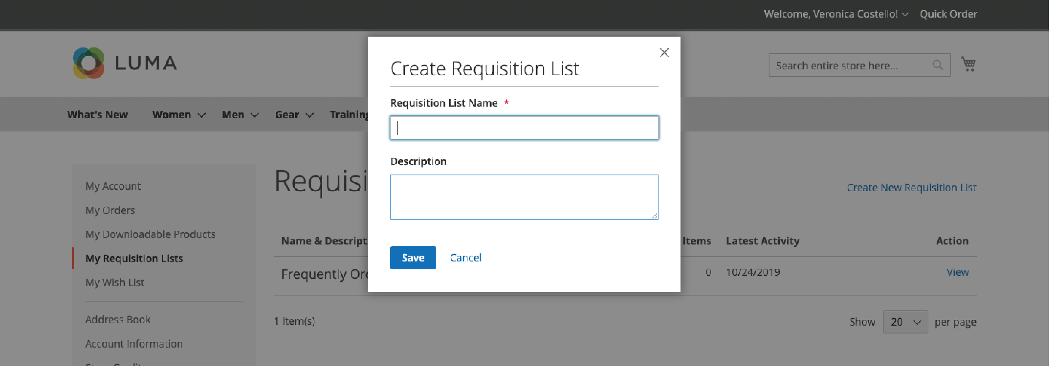 Creating a new requisition list in Magento admin panel