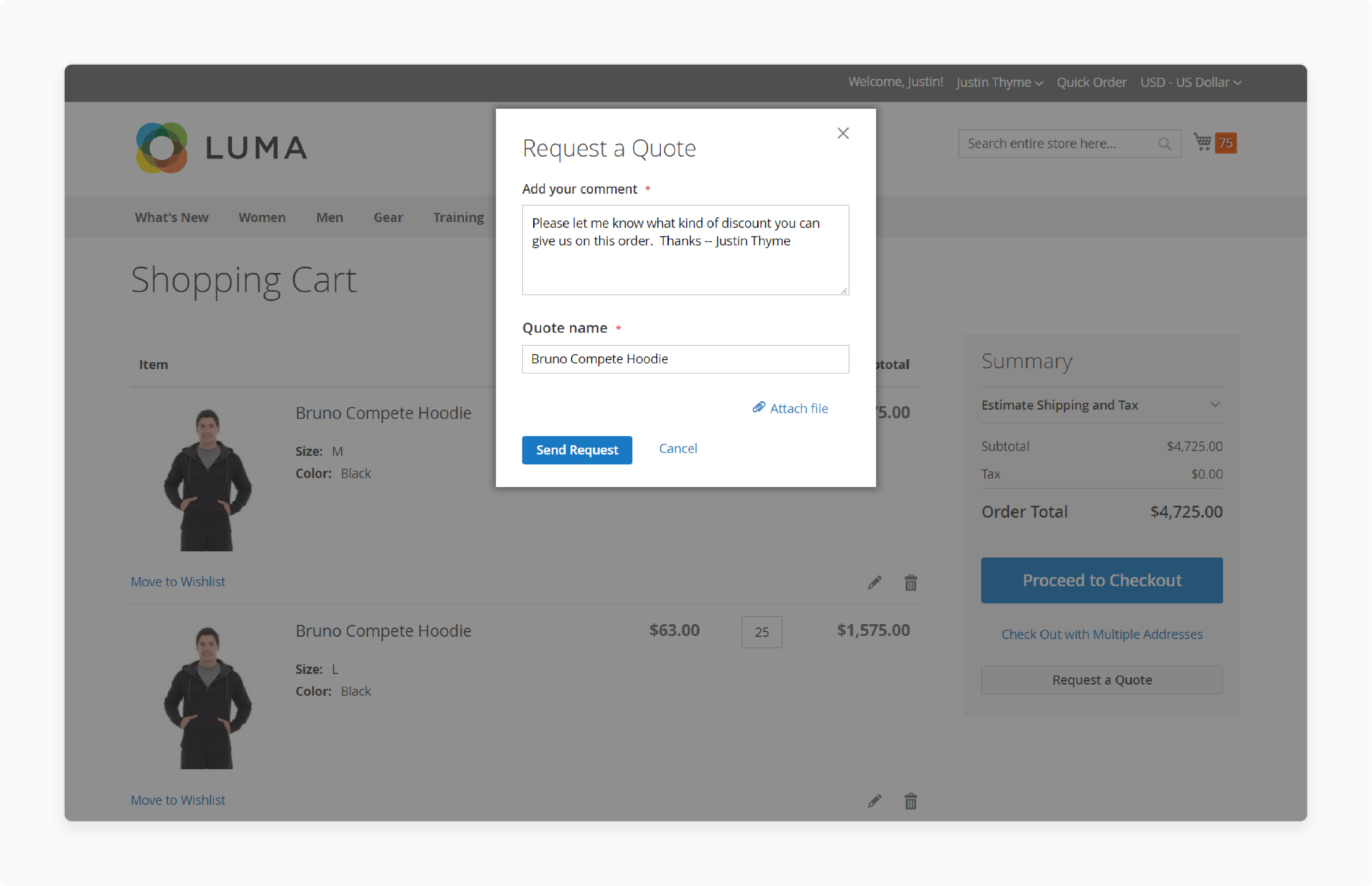 Screenshot of Magento B2B quotes