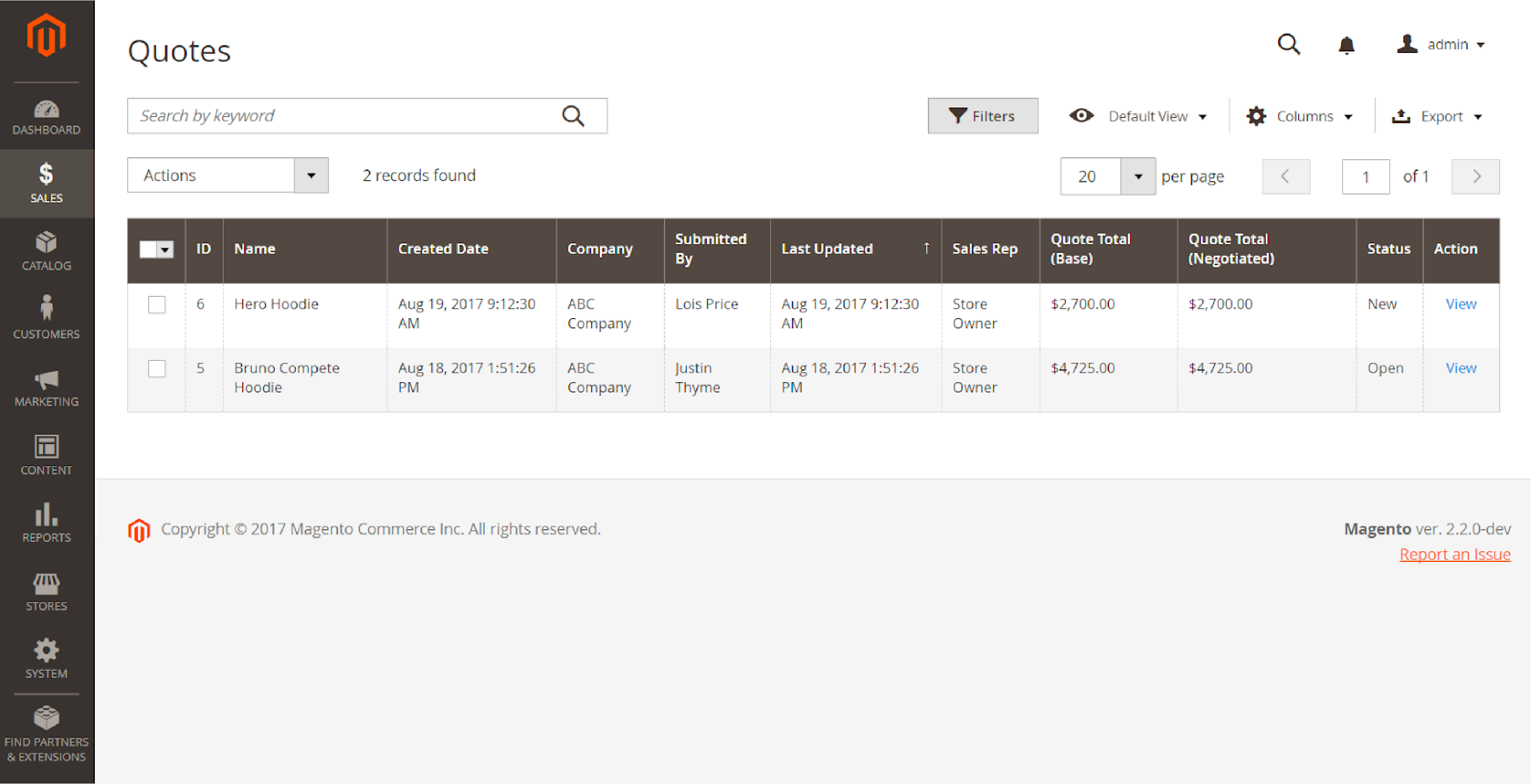 Magento B2B quote feature interface