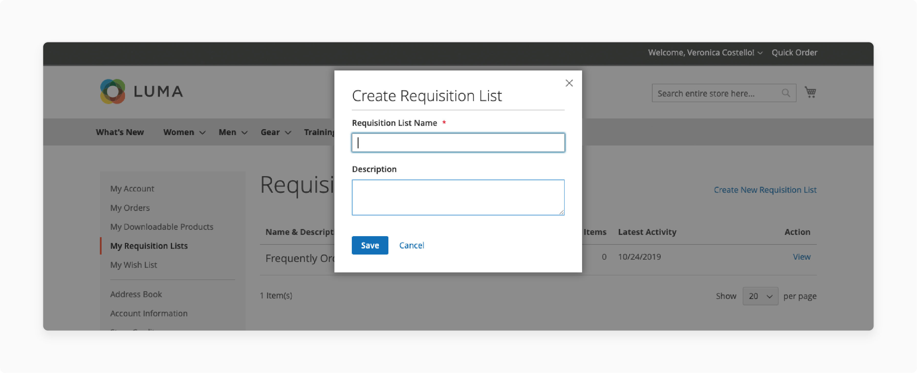 Creating a new requisition list in Magento admin panel