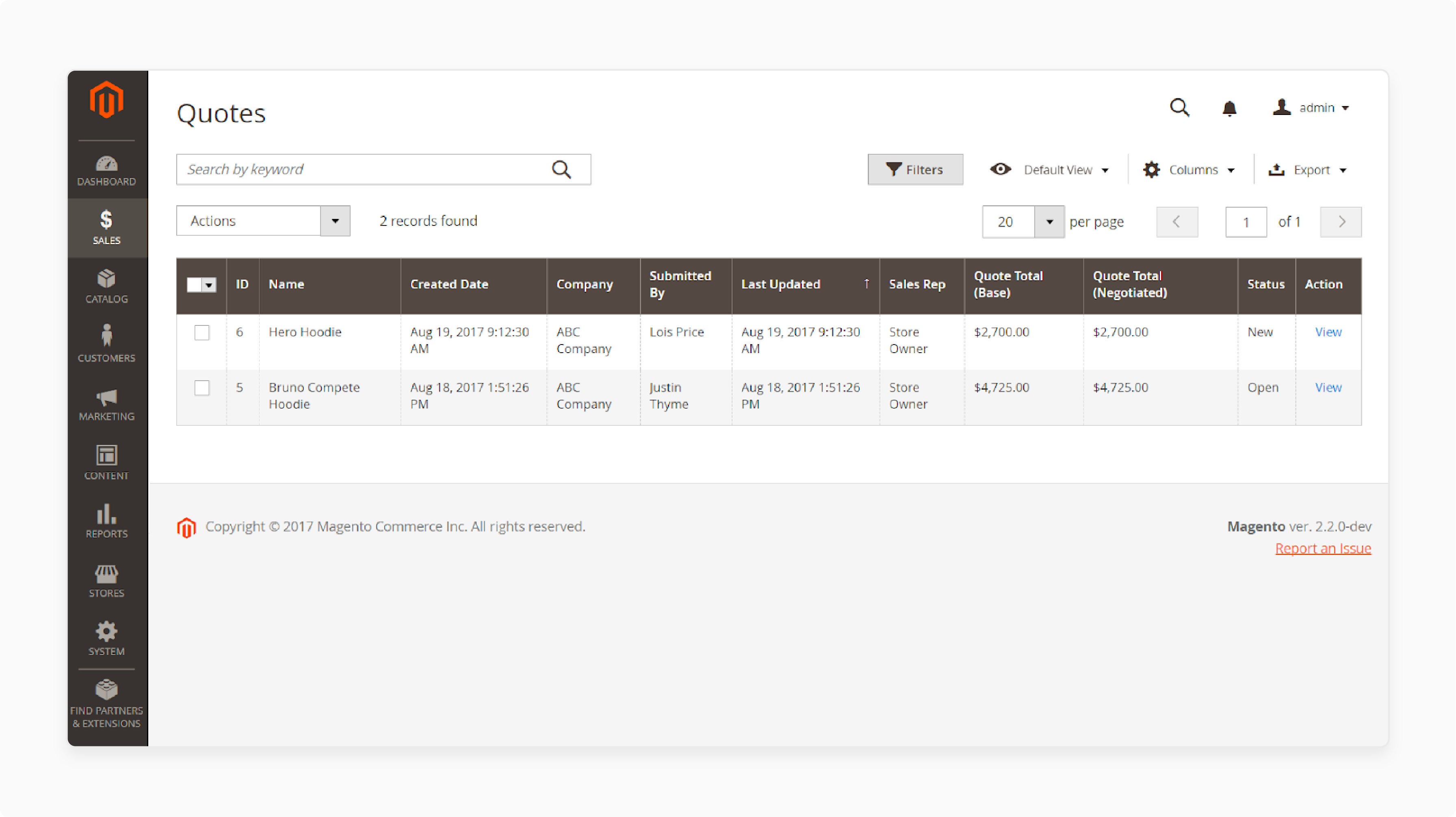 Magento B2B quote feature interface