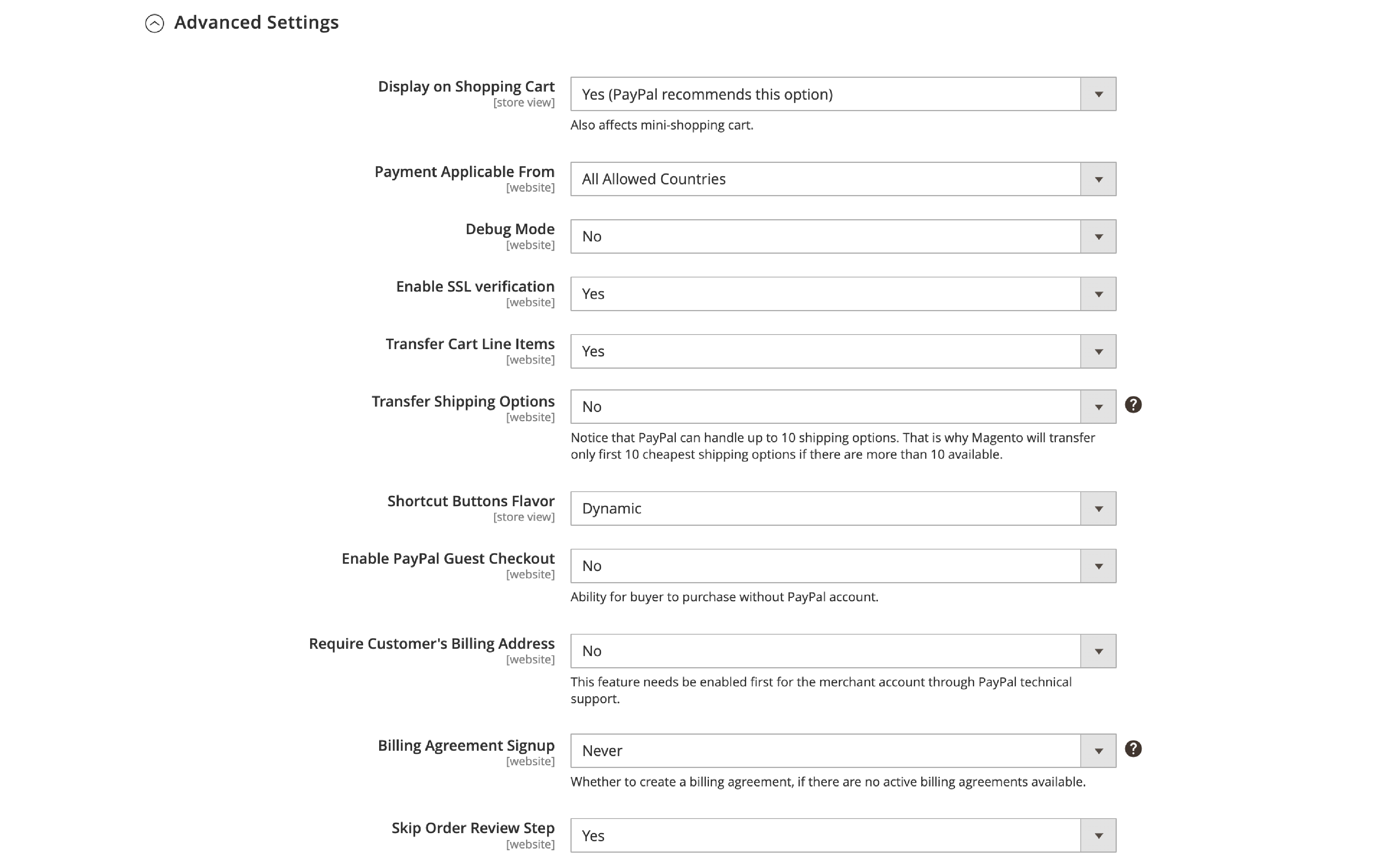 Magento 2 PayPal Configuring Advanced Settings Screenshot