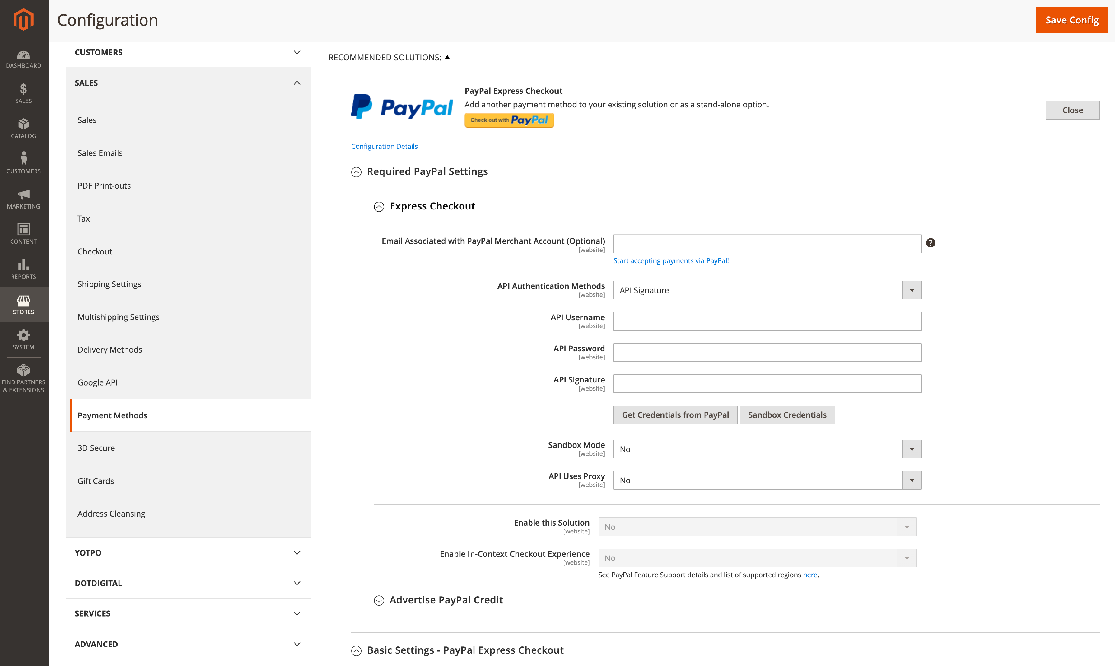 Magento 2 PayPal Activating and Configuring Settings Screenshot