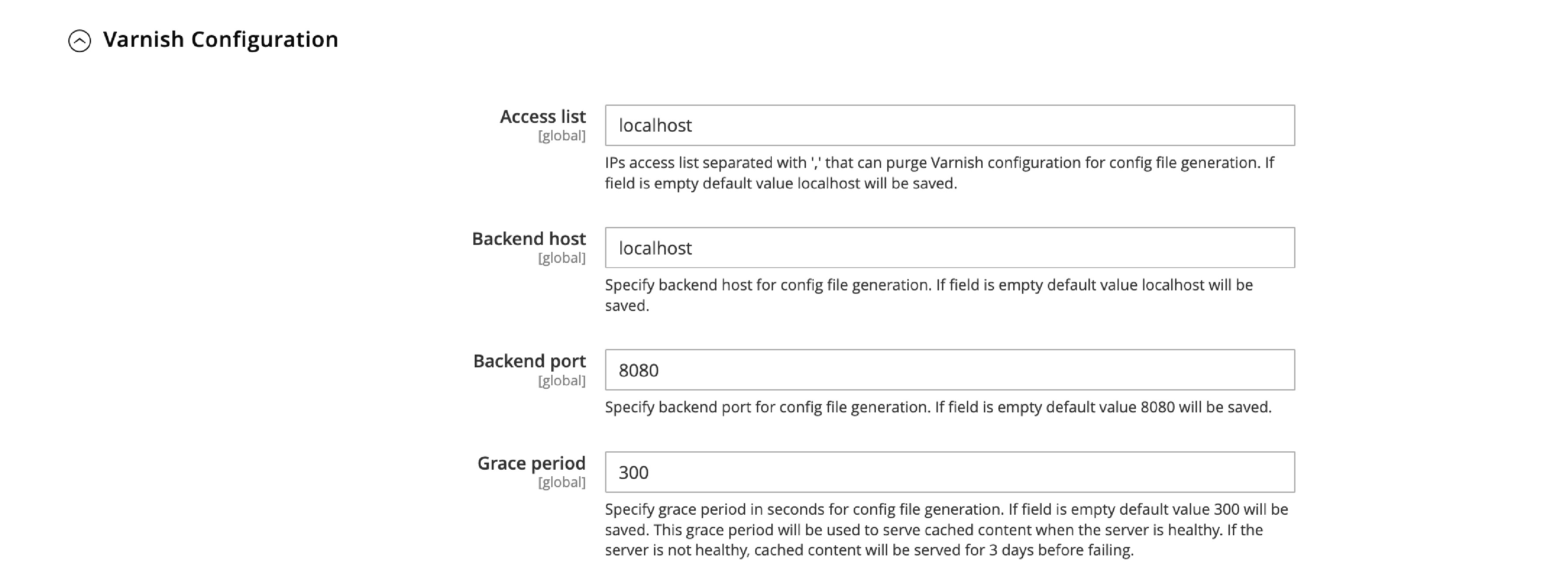 Screenshot of Varnish Configuration settings in Magento 2
