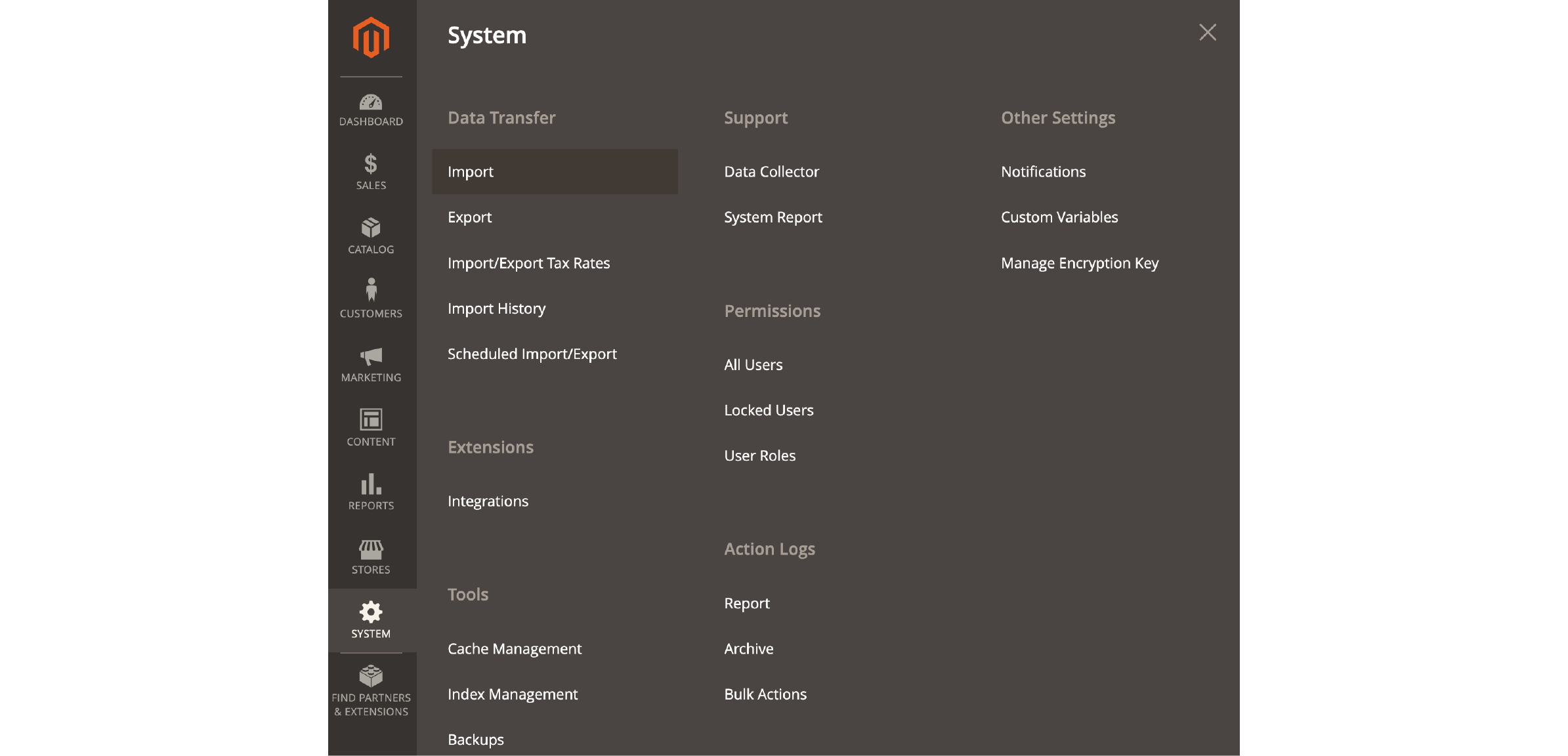 Navigating to import in Magento 2 admin