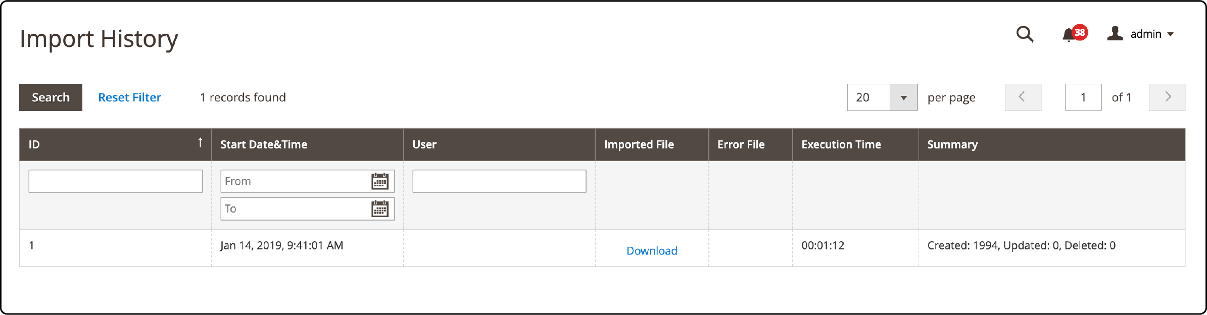 Viewing import history in Magento 2 admin