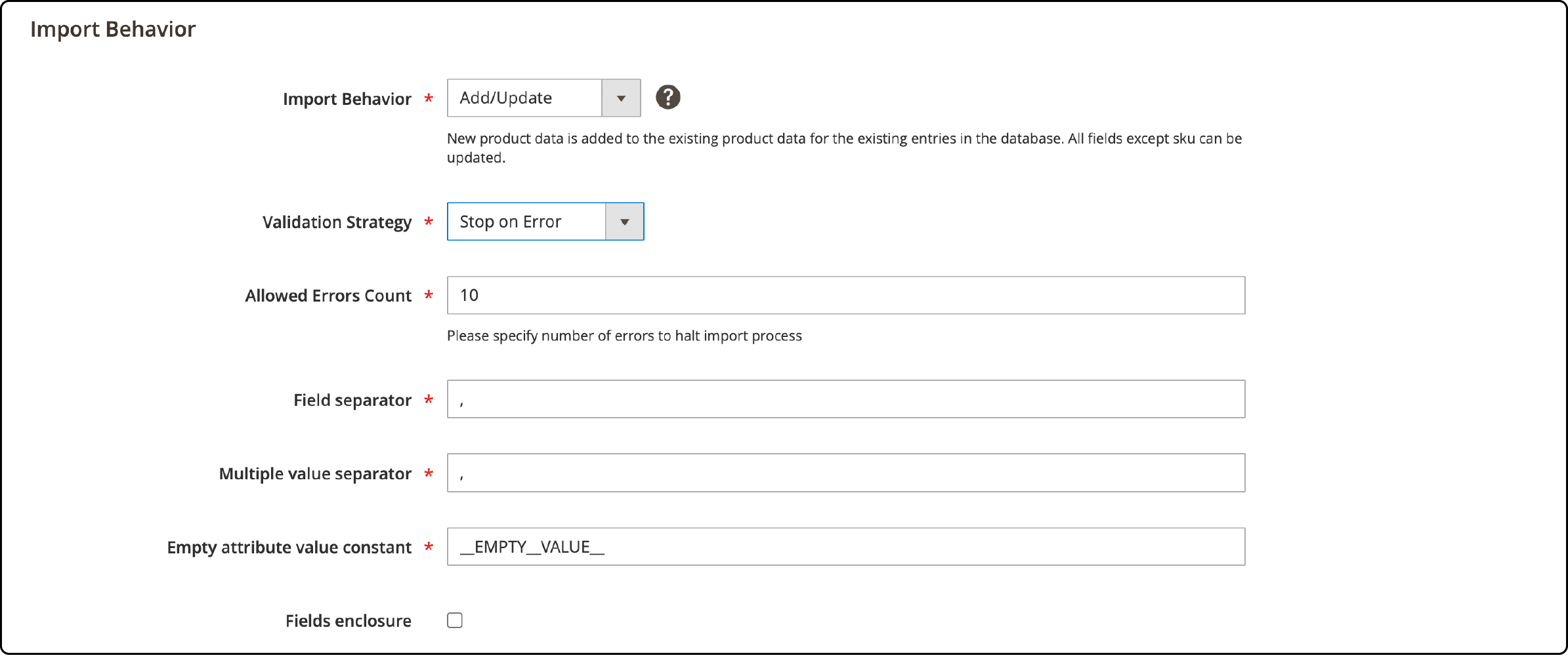 Configuring import settings in Magento 2