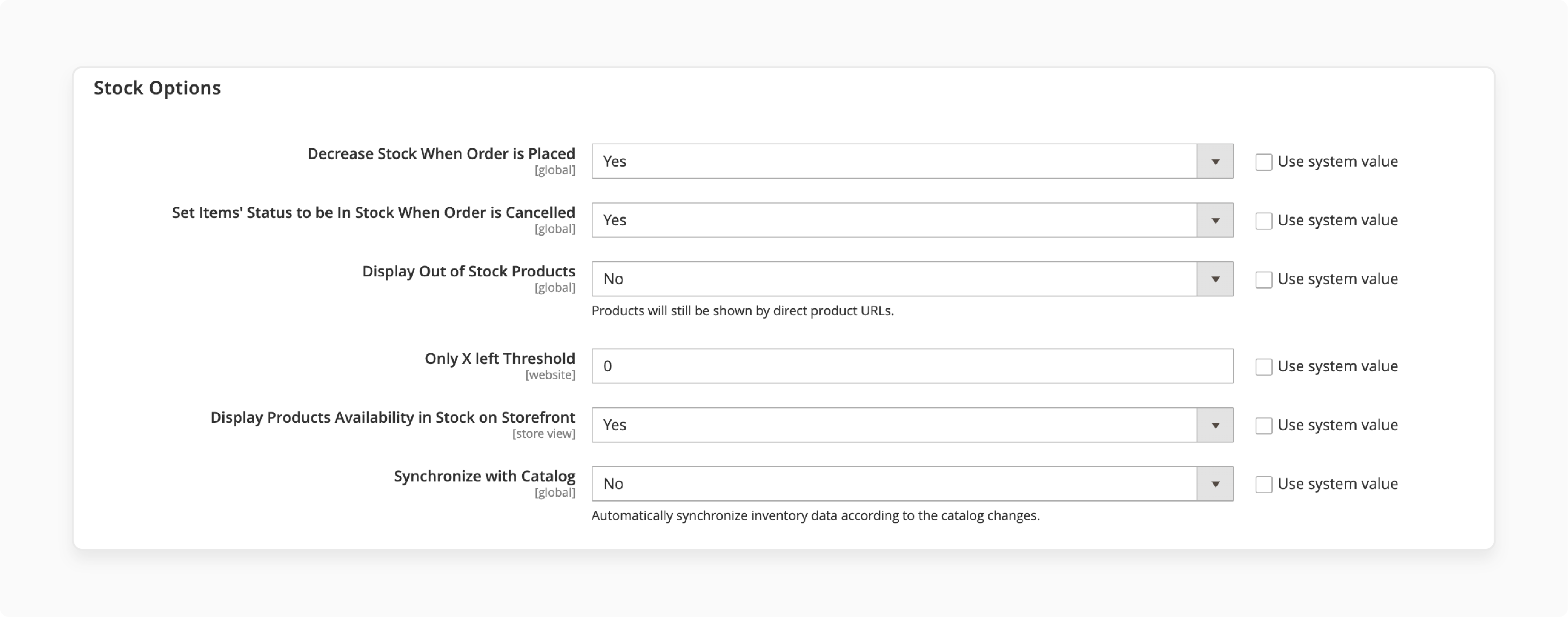 Screenshot of Magento 2 Stock Options Configuration