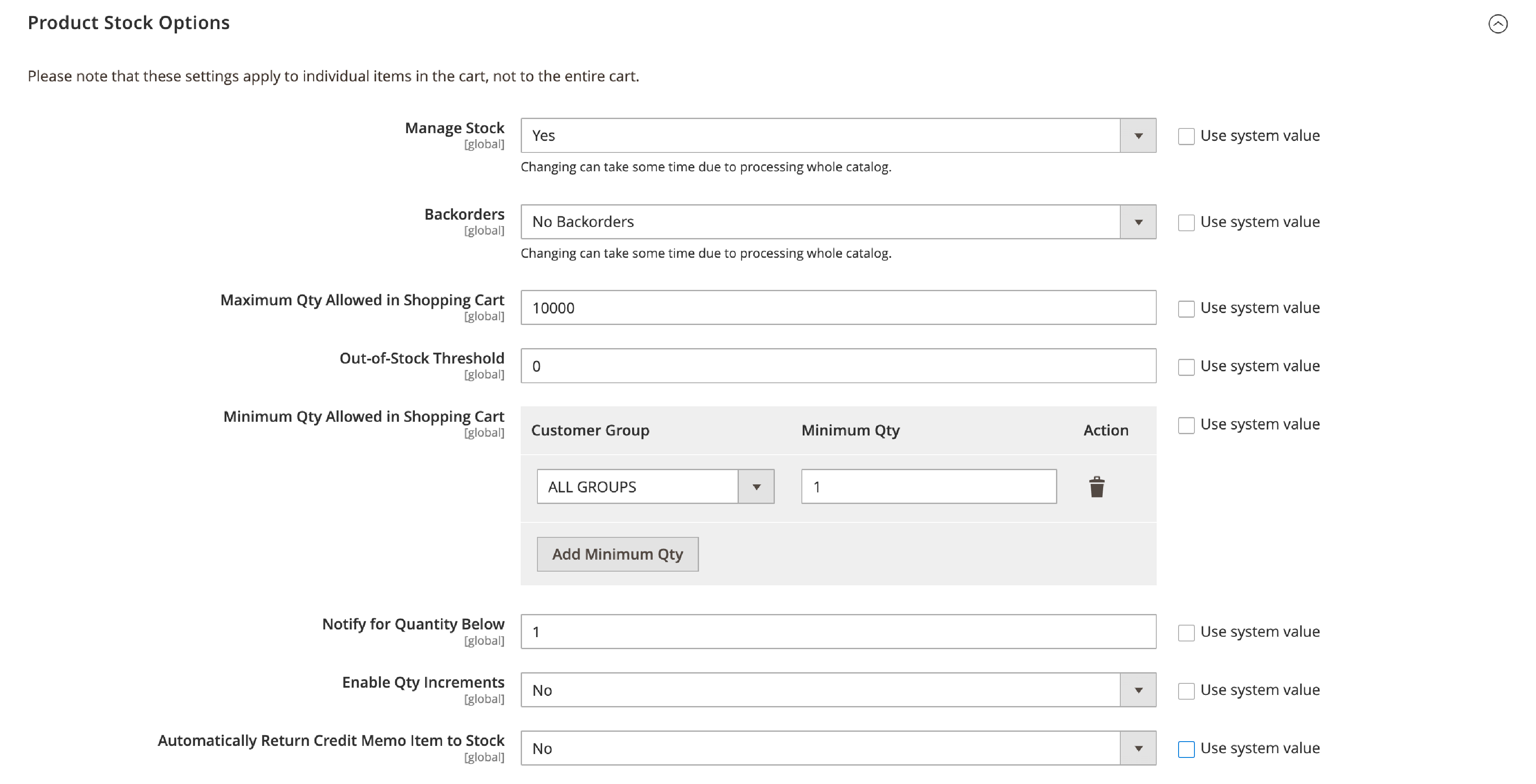 Screenshot of Magento 2 Product Stock Options Settings