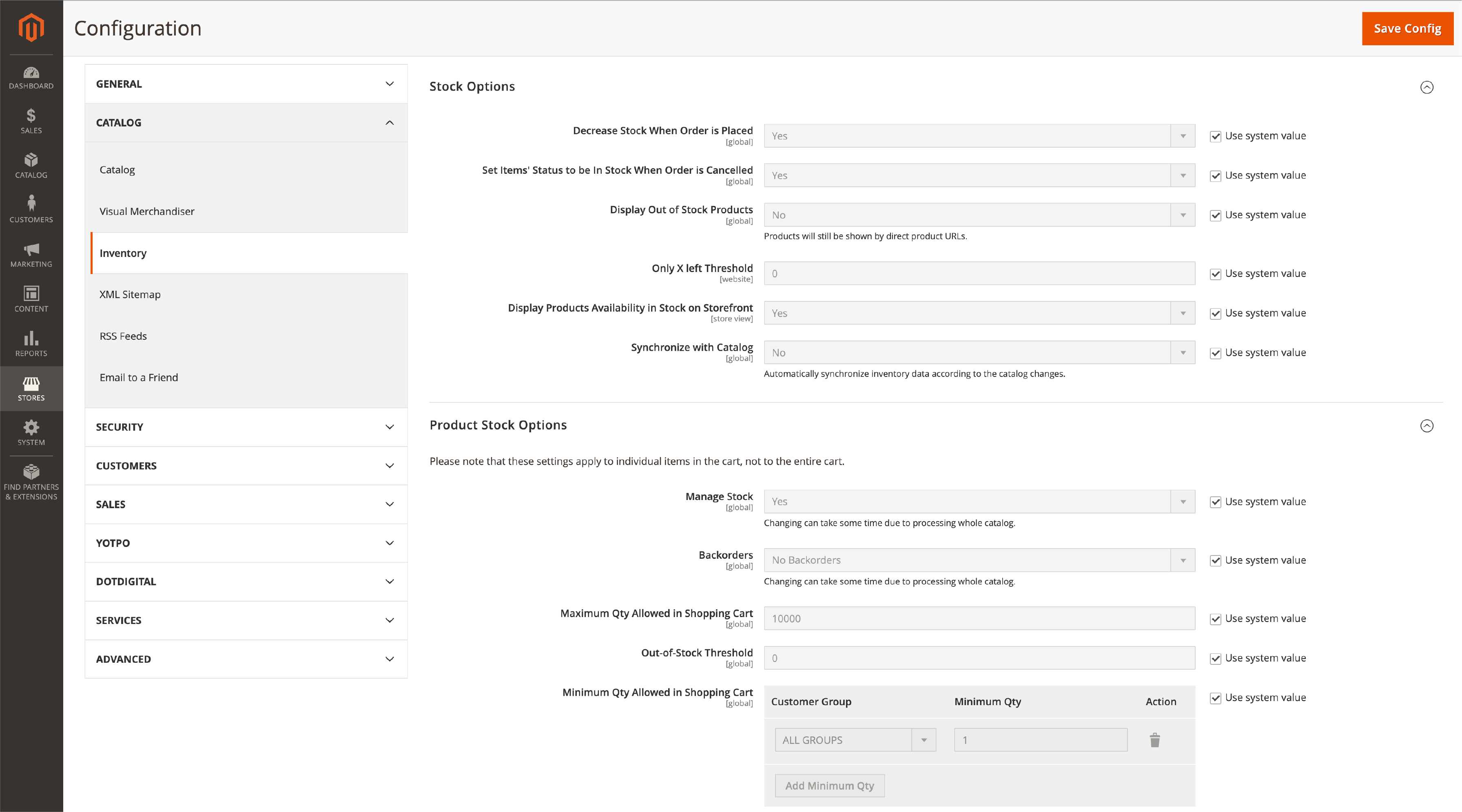 Screenshot of Magento 2 General Inventory Settings
