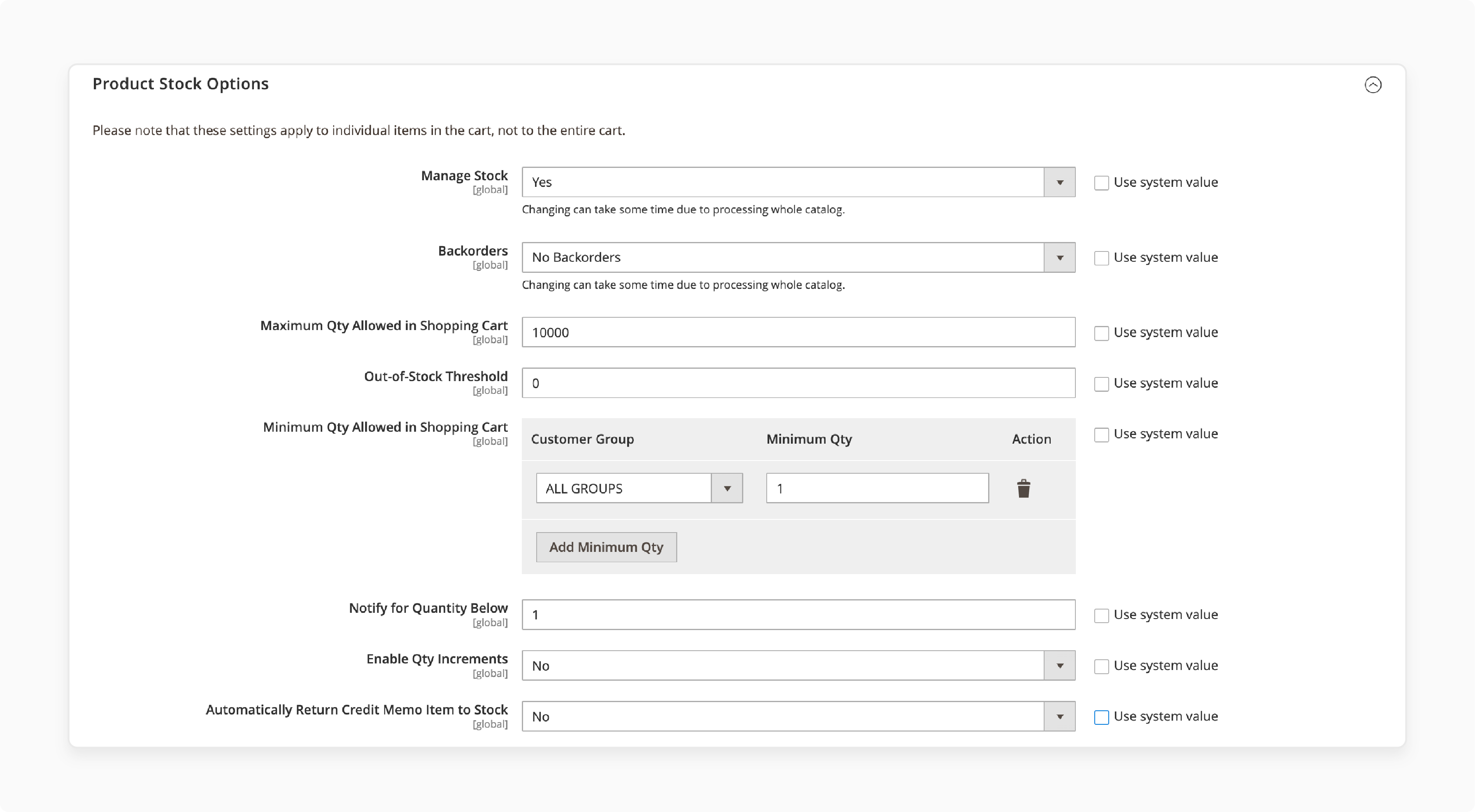 Screenshot of Magento 2 Product Stock Options Settings