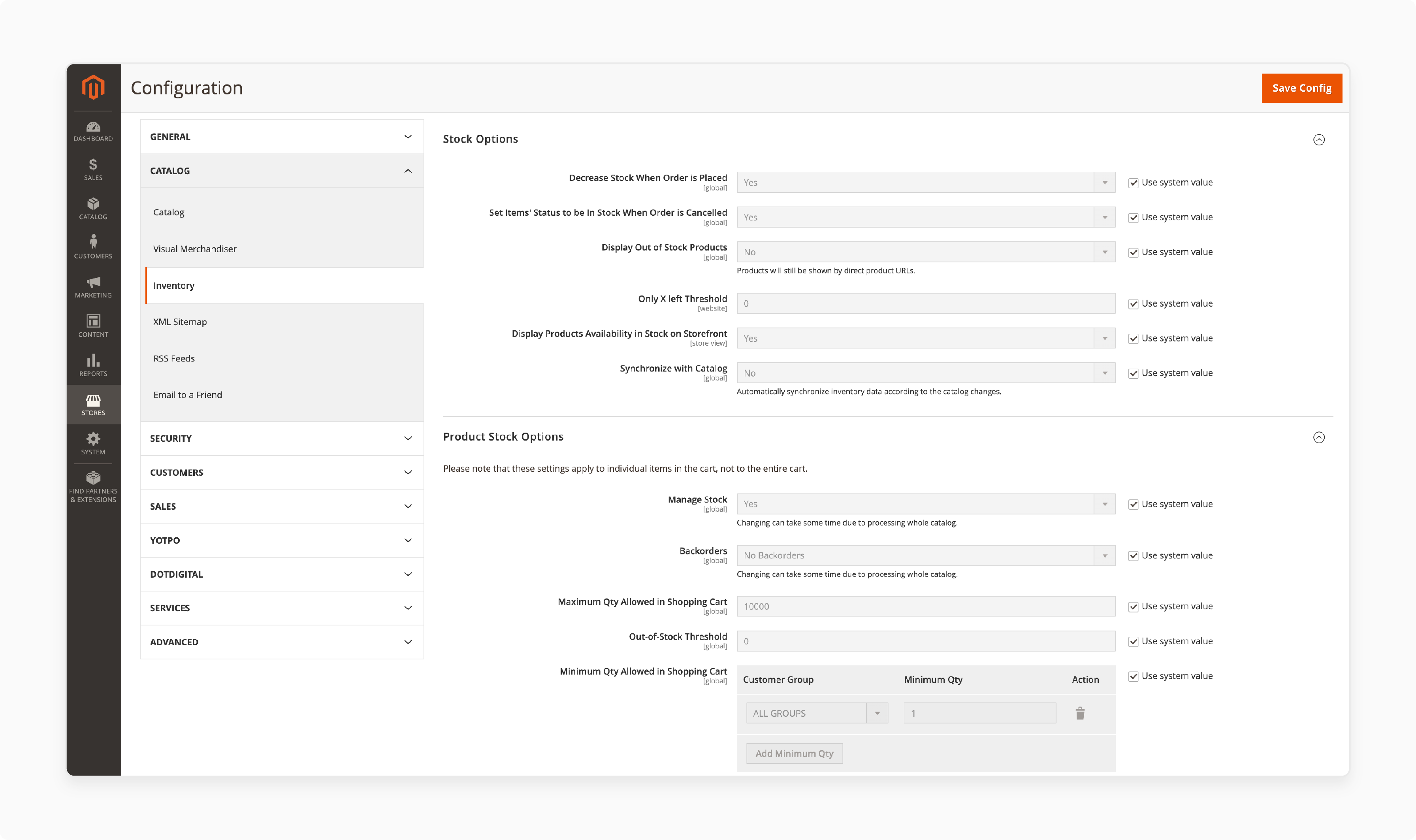 Screenshot of Magento 2 General Inventory Settings
