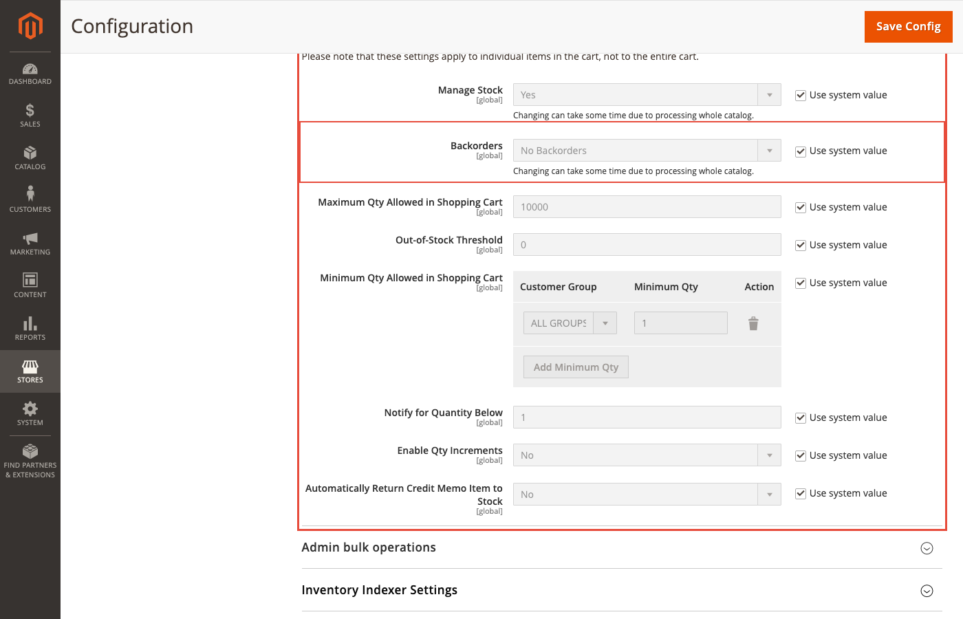 Product Stock Options configuration showing Backorders, Max Qty, and Out-of-Stock Threshold (Magento 2.4.8) Magento Admin: Product Stock Options with Backorders highlighted